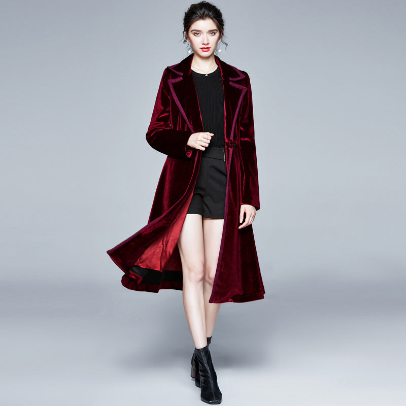 Velvet trench coat women's medium and long autumn and winter new popular women's clothing temperament waist coat coat Popularan goods tide