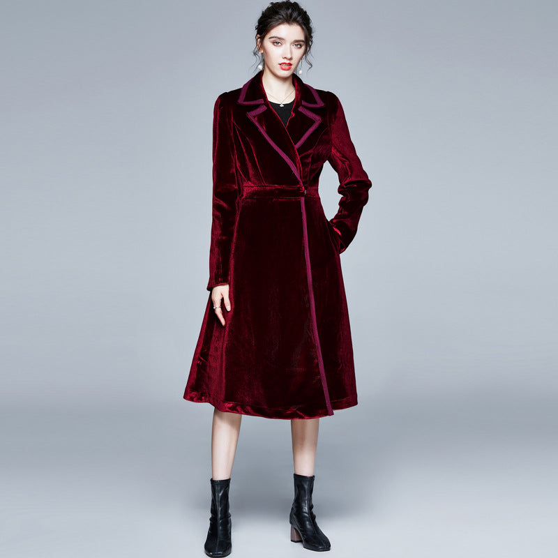 Velvet trench coat women's medium and long autumn and winter new popular women's clothing temperament waist coat coat Popularan goods tide