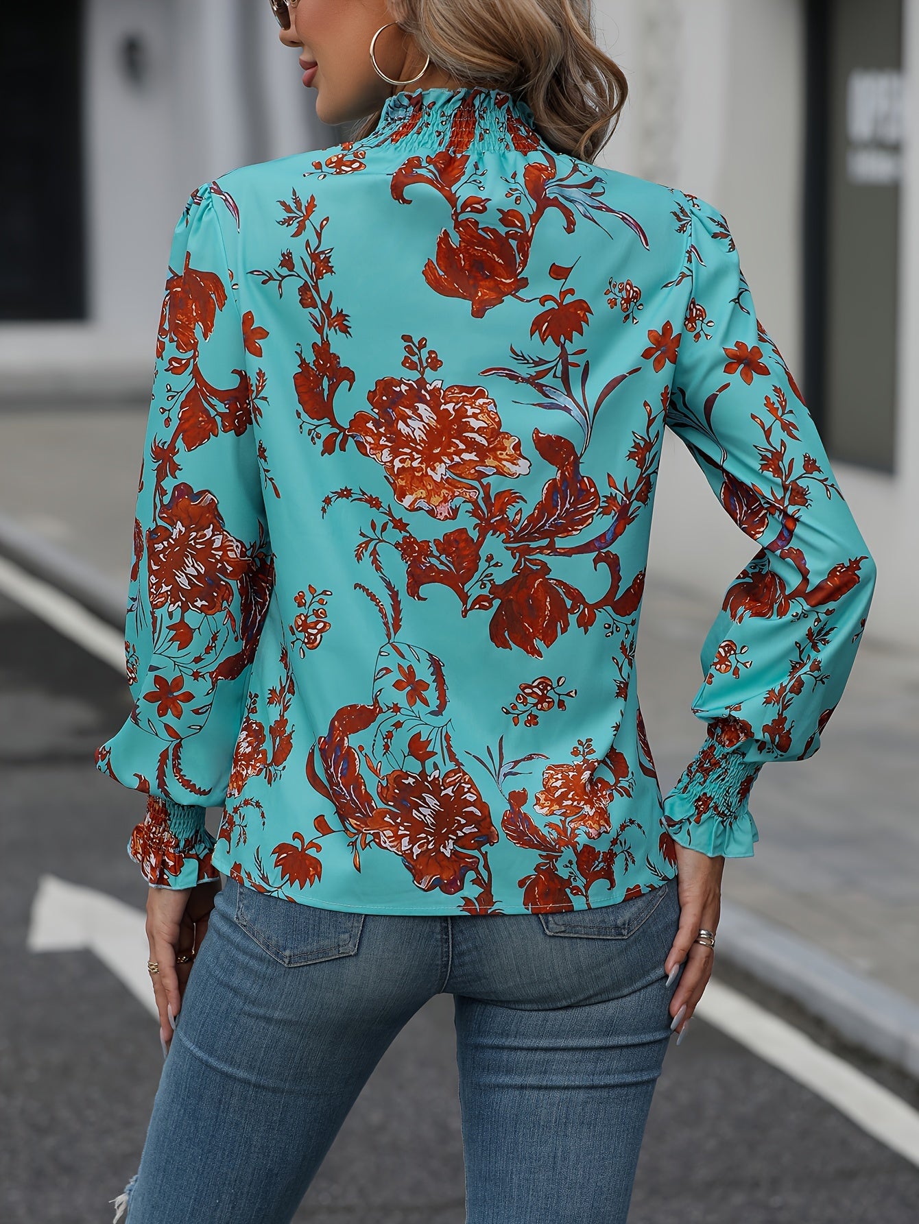 Floral Print Mock Neck Blouse, Elegant Long Sleeve Blouse, Women's Clothing