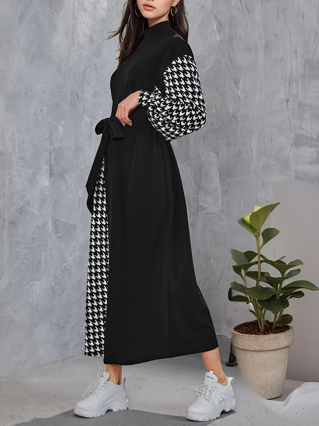 vlovelaw Houndstooth Print Splicing Mock Neck Dress, Casual Cinched Waist Long Sleeve Belted Dress, Women's Clothing