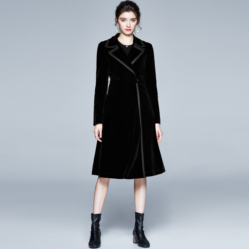 Velvet trench coat women's medium and long autumn and winter new popular women's clothing temperament waist coat coat Popularan goods tide