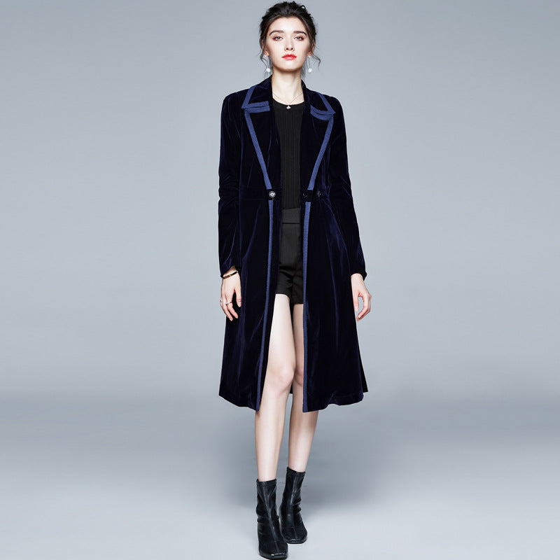 Velvet trench coat women's medium and long autumn and winter new popular women's clothing temperament waist coat coat Popularan goods tide