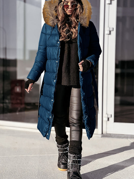 Zip Front Long Sleeve Hooded Padded Coat, Casual Solid Color Quilted Padded Coat For Fall & Winter, Women's Clothing