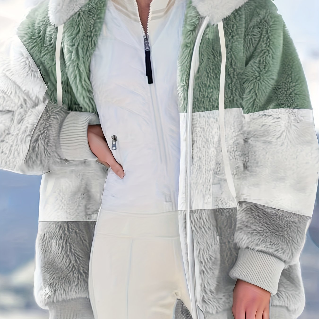 vlovelaw Color Block Hooded Teddy Coat, Casual Zip Up Long Sleeve Winter Warm Outerwear, Women's Clothing