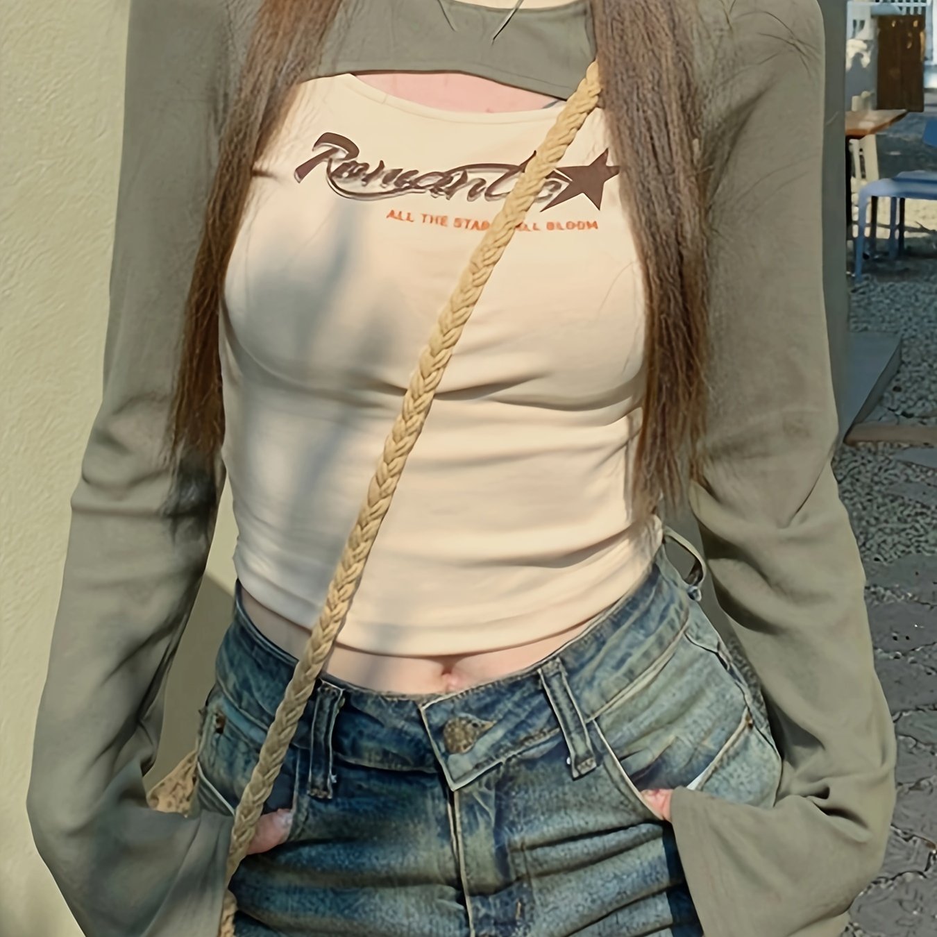 Star & Letter Print Cut Out T-Shirt, Casual Color Block Crew Neck Long Sleeve Top, Women's Clothing