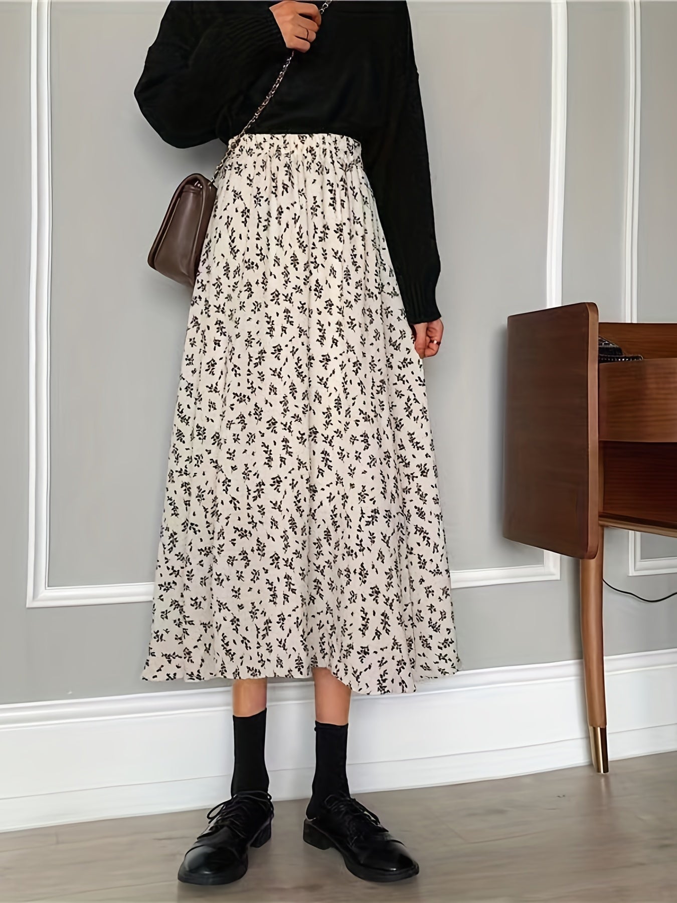 Ditsy Floral Print High Waist Skirt, Elegant Midi Skirt For Spring & Symmer, Women's Clothing