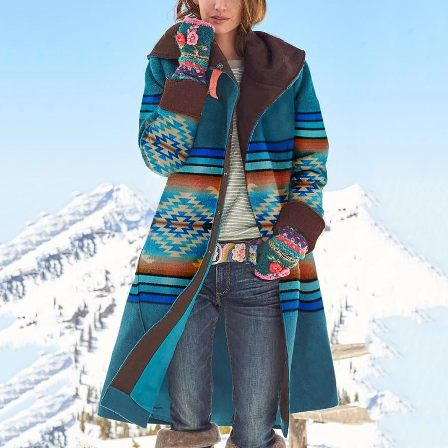 autumn and winter new Popular trade women's clothing medium and long printed top long sleeve dragon and phoenix woolen coat