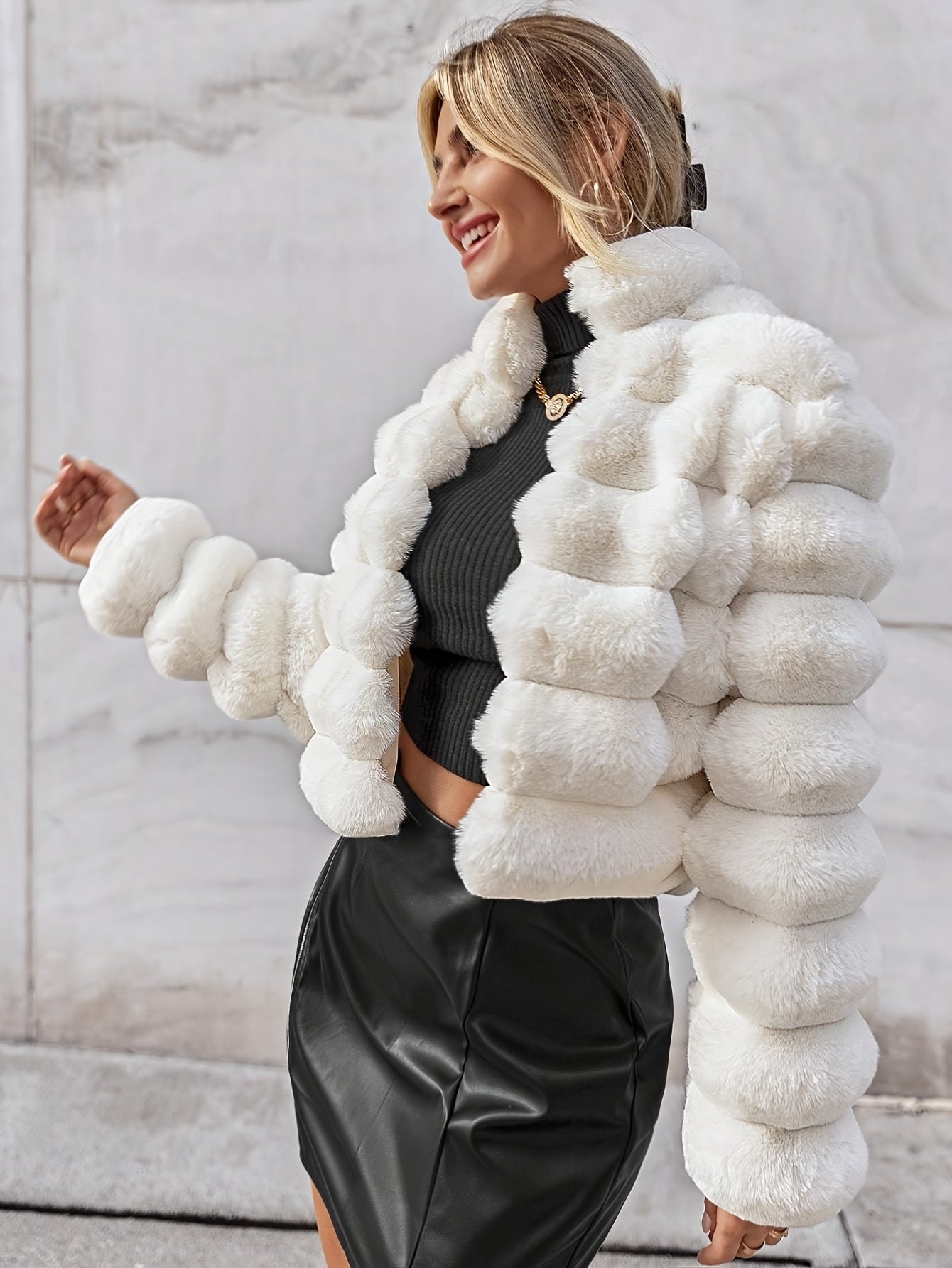 vlovelaw Solid Winter Warm Wavy Coat, Casual Open Front Stand Collar Long Sleeve Outerwear, Women's Clothing