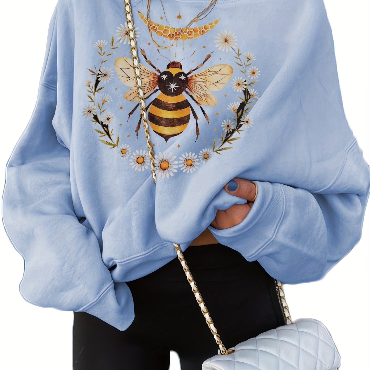 Round Neck Bee Print Pullover, Casual Fashion Loose Long Sleeve Sweatshirt, Women's Clothing