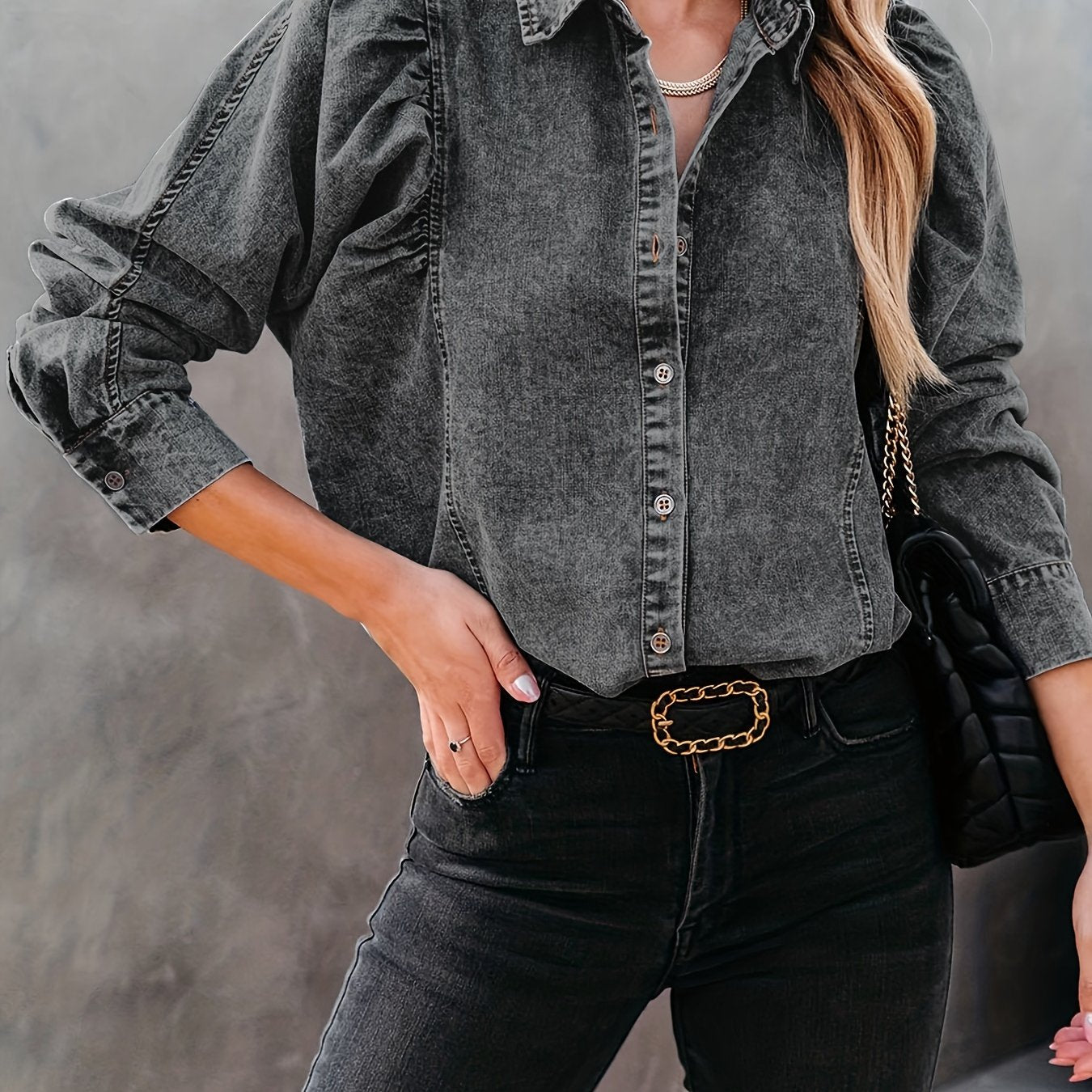 Long Sleeves Lapel Denim Shirt, Single-Breasted Button Versatile Denim Top, Women's Denim Clothing