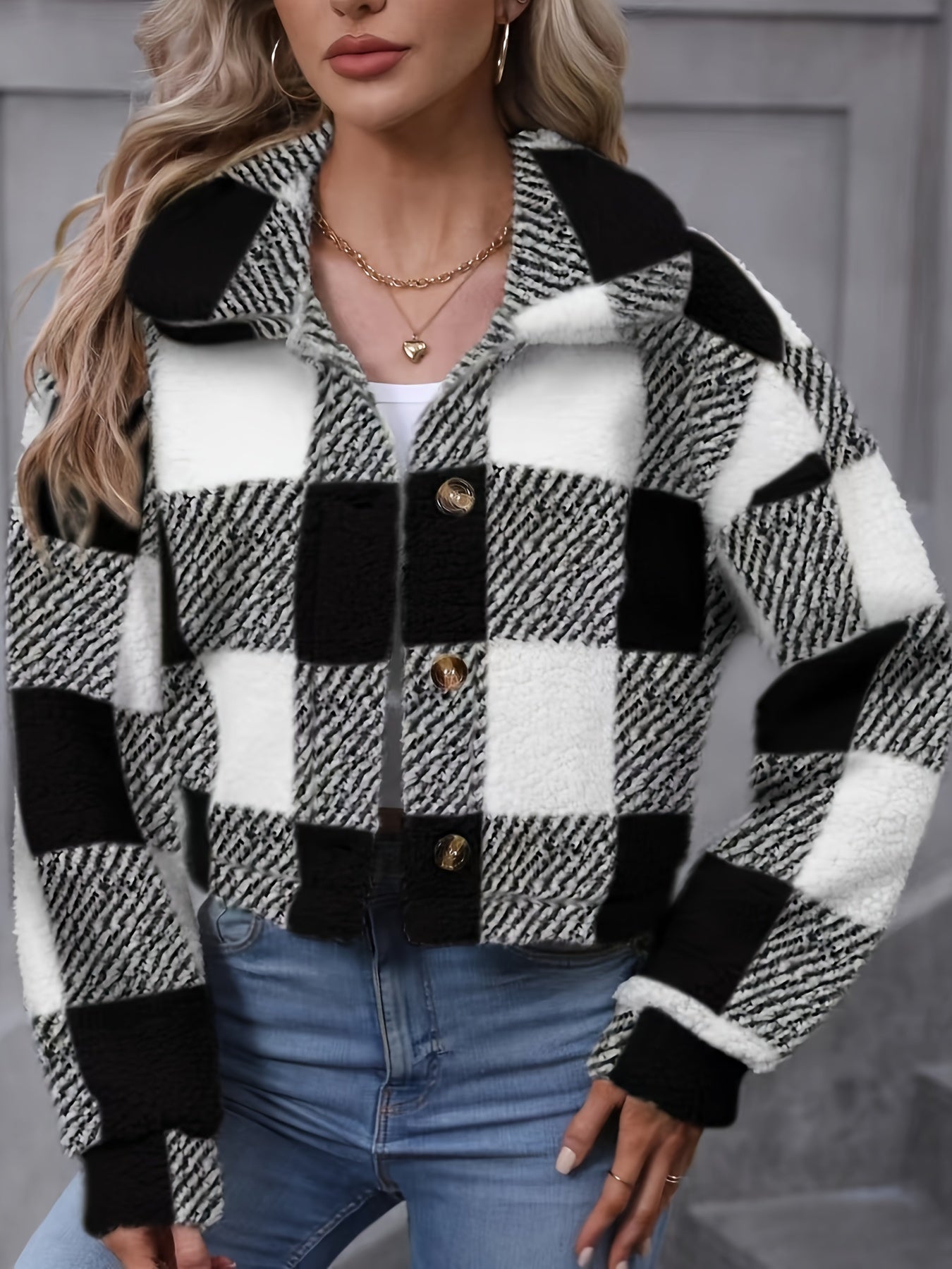 vlovelaw Plaid Teddy Coat, Casual Button Front Long Sleeve Winter Warm Outerwear, Women's Clothing