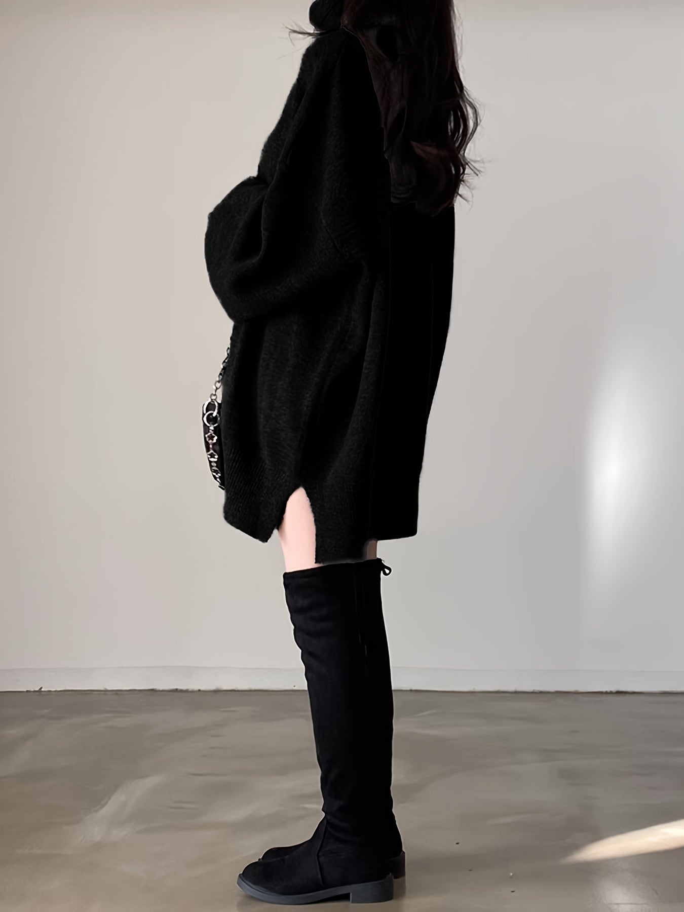 vlovelaw Solid Turtle Neck Oversized Sweater, Casual Long Sleeve Split Sweater, Women's Clothing