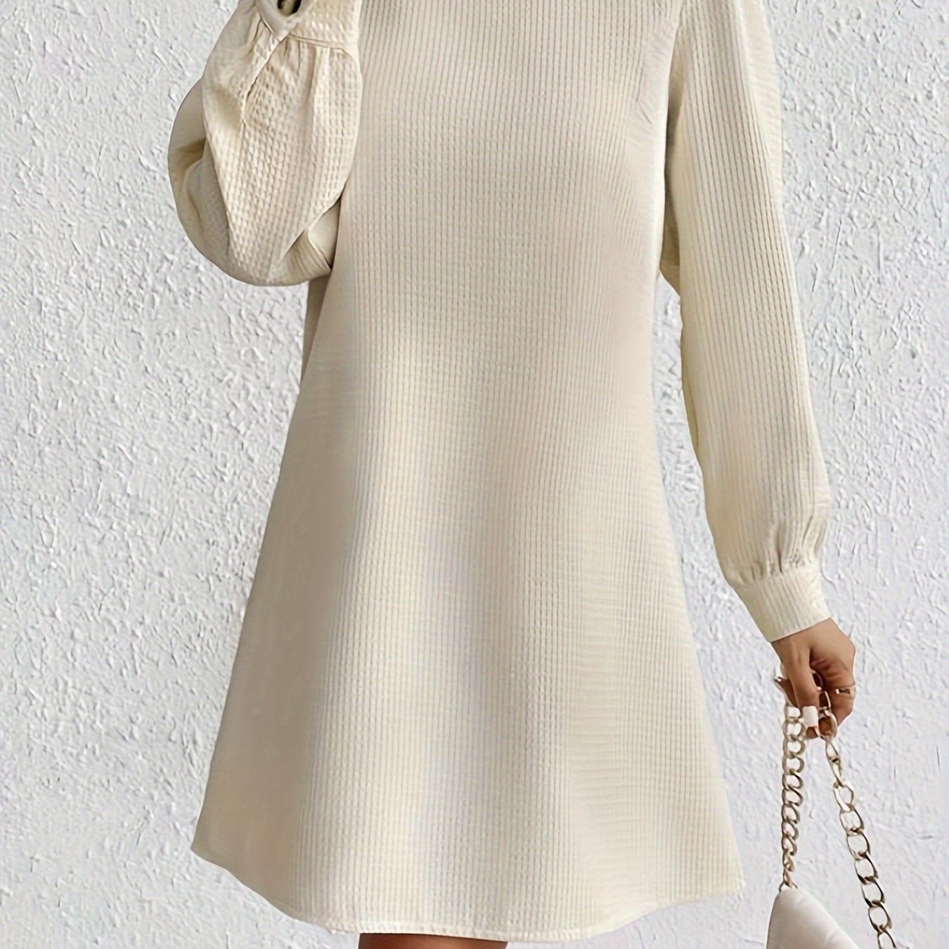 vlovelaw Solid Button Back Dress, Casual Long Sleeve Crew Neck Dress, Women's Clothing