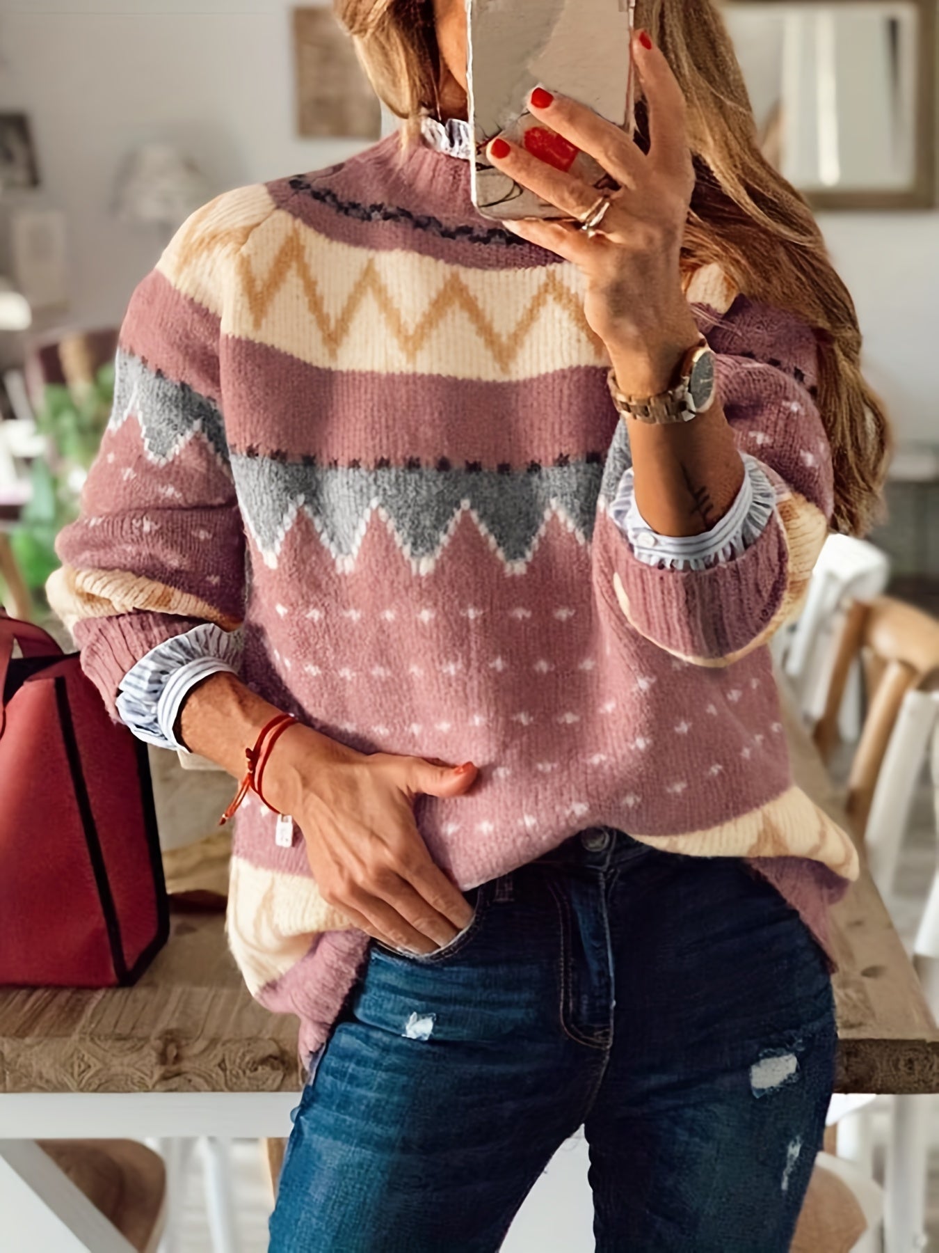 vlovelaw Graphic Pattern Mock Neck Sweater, Casual Long Sleeve Sweater For Fall & Winter, Women's Clothing