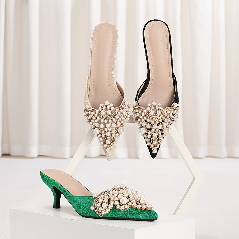 Chic Pearl-Embellished Women's Kitten Heels - Elegant Pointed Toe, Glitter Moire Summer Wedding Pumps