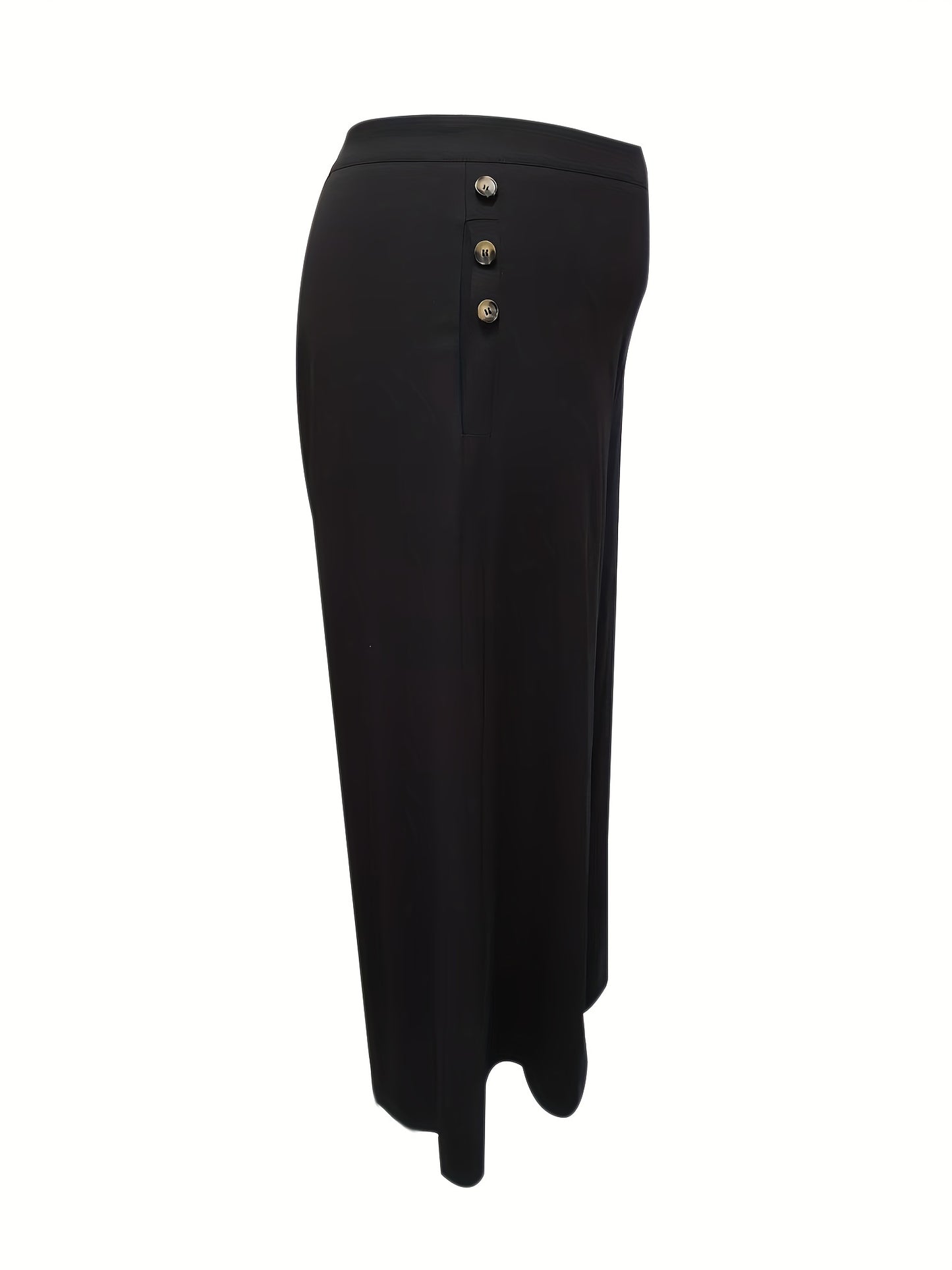 Plus Size Elegant Pants, Women's Plus Solid Mid Waisted Wide Leg Button Decor Loose Trousers