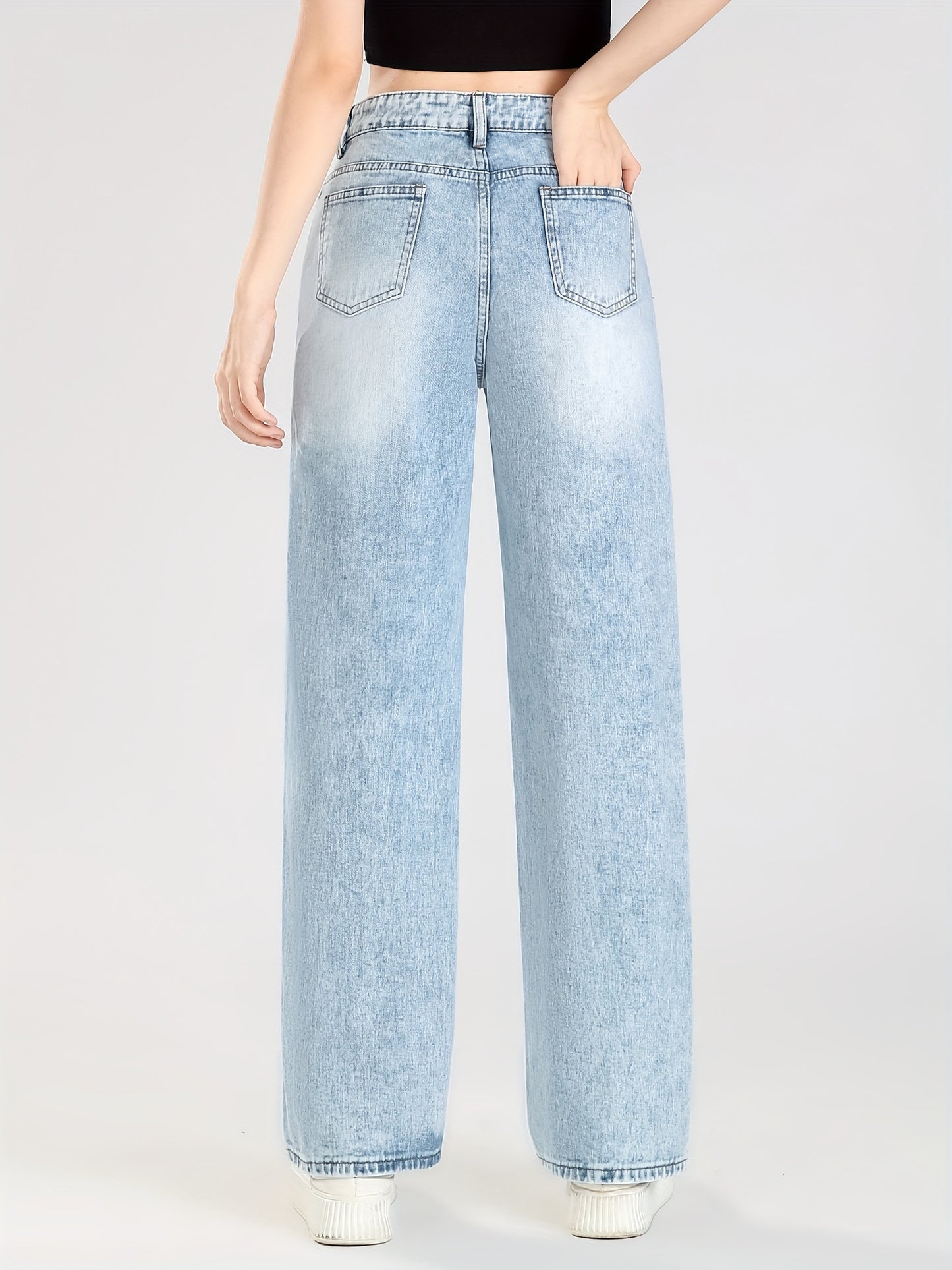 vlovelaw Teen Girls Trendy Light-Washed High Waist Jeans Wide-Leg Denim Pants, Versatile Trousers For Youth Outwear