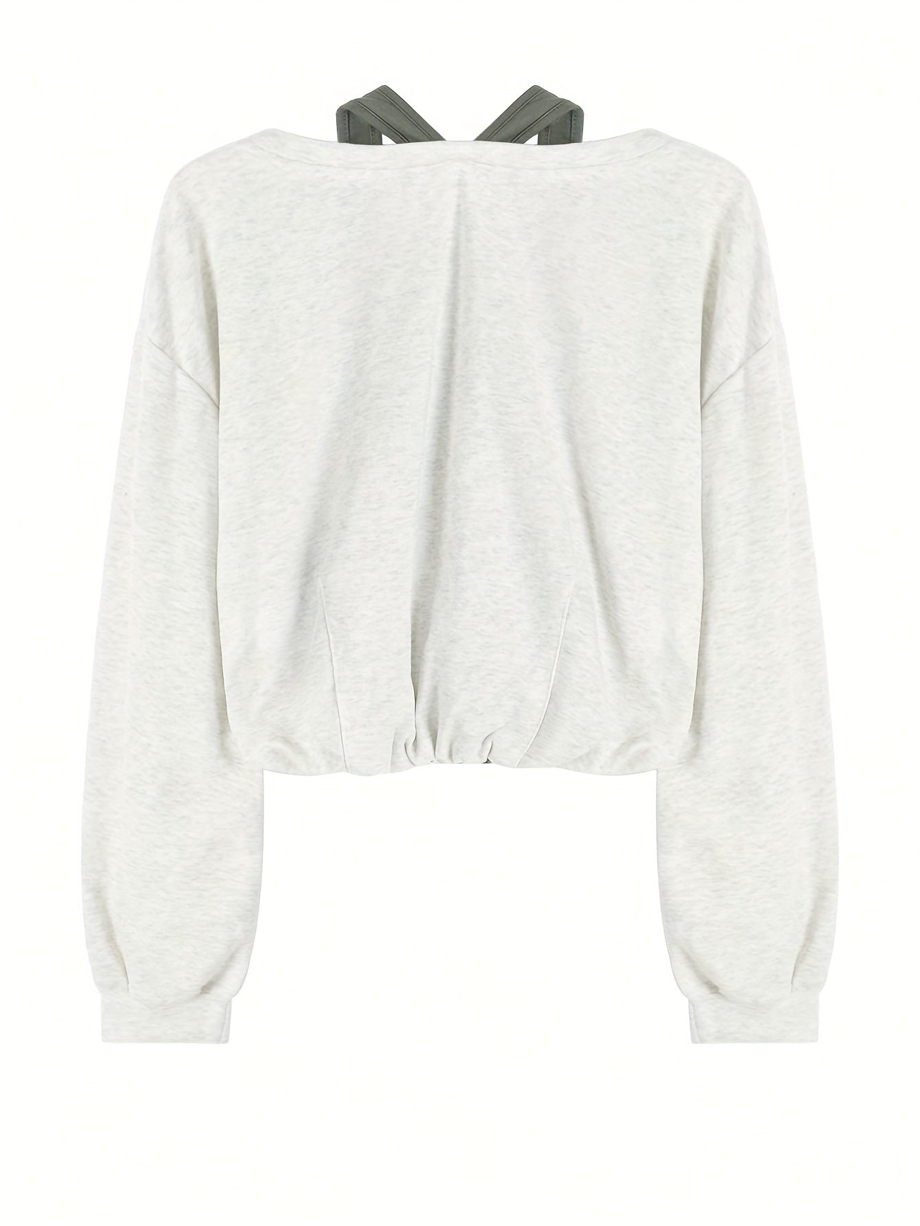 Faux Twinset Patch Pullover Sweatshirt, Casual Long Sleeve Crop Top, Women's Clothing