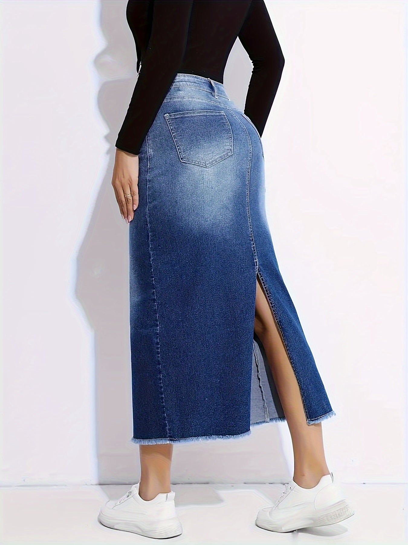 Blue Raw Hem Denim Skirt, High-Stretch Slant Pockets Split Back Denim Midi Skirt, Women's Denim Clothing