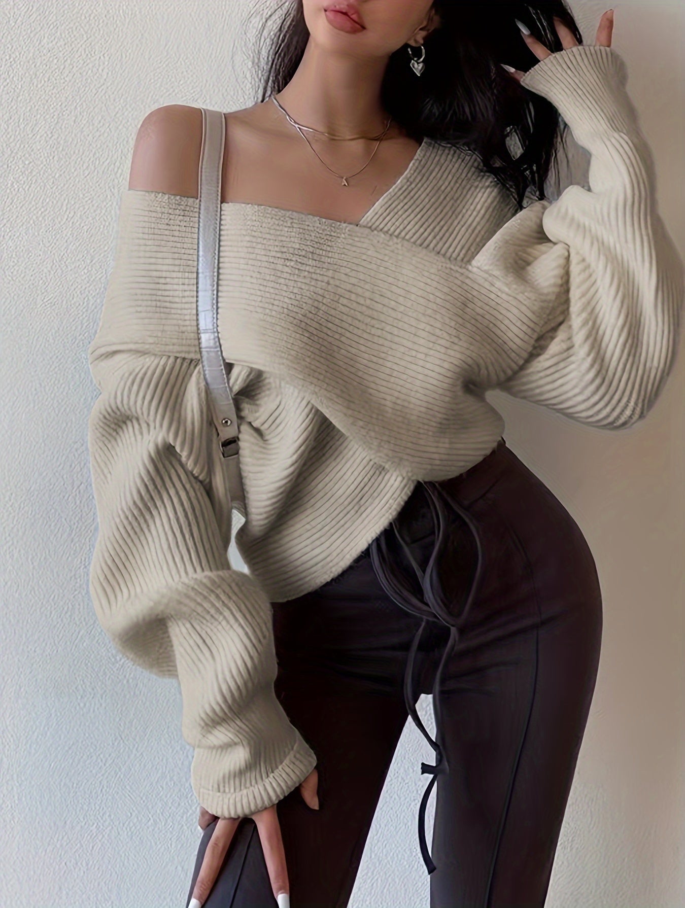 vlovelaw Solid Cross Front V Neck Sweater, Elegant Long Sleeve Pullover Sweater, Women's Clothing