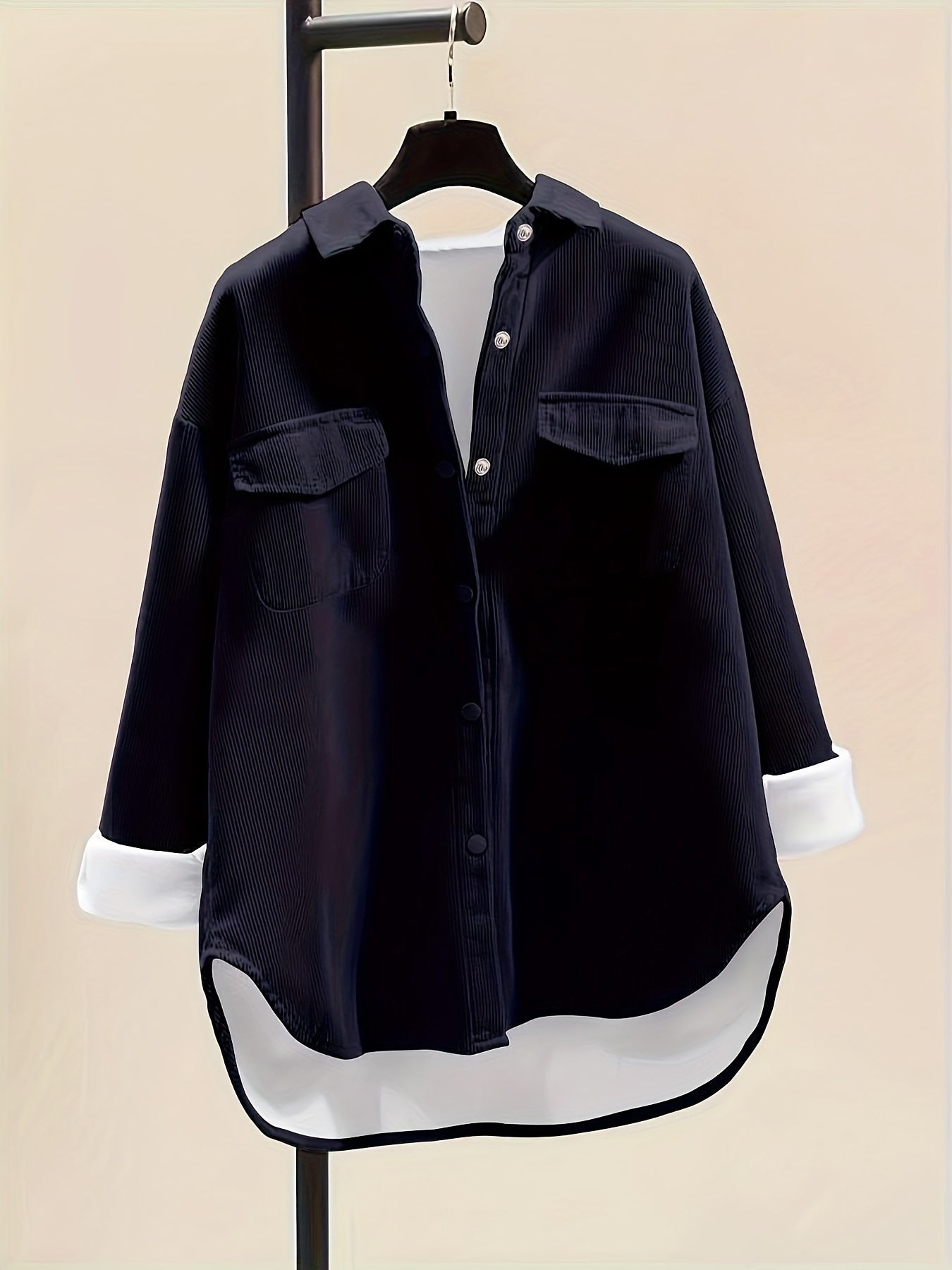 Button Front Plush Lined Solid Jacket, Casual Collared Long Sleeve Outerwear, Women's Clothing