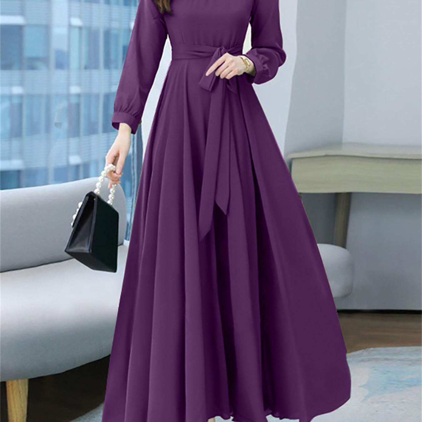 vlovelaw Plus Size Casual Dress, Women's Plus Solid Long Sleeve Round Neck Ruched Belted Maxi Dress