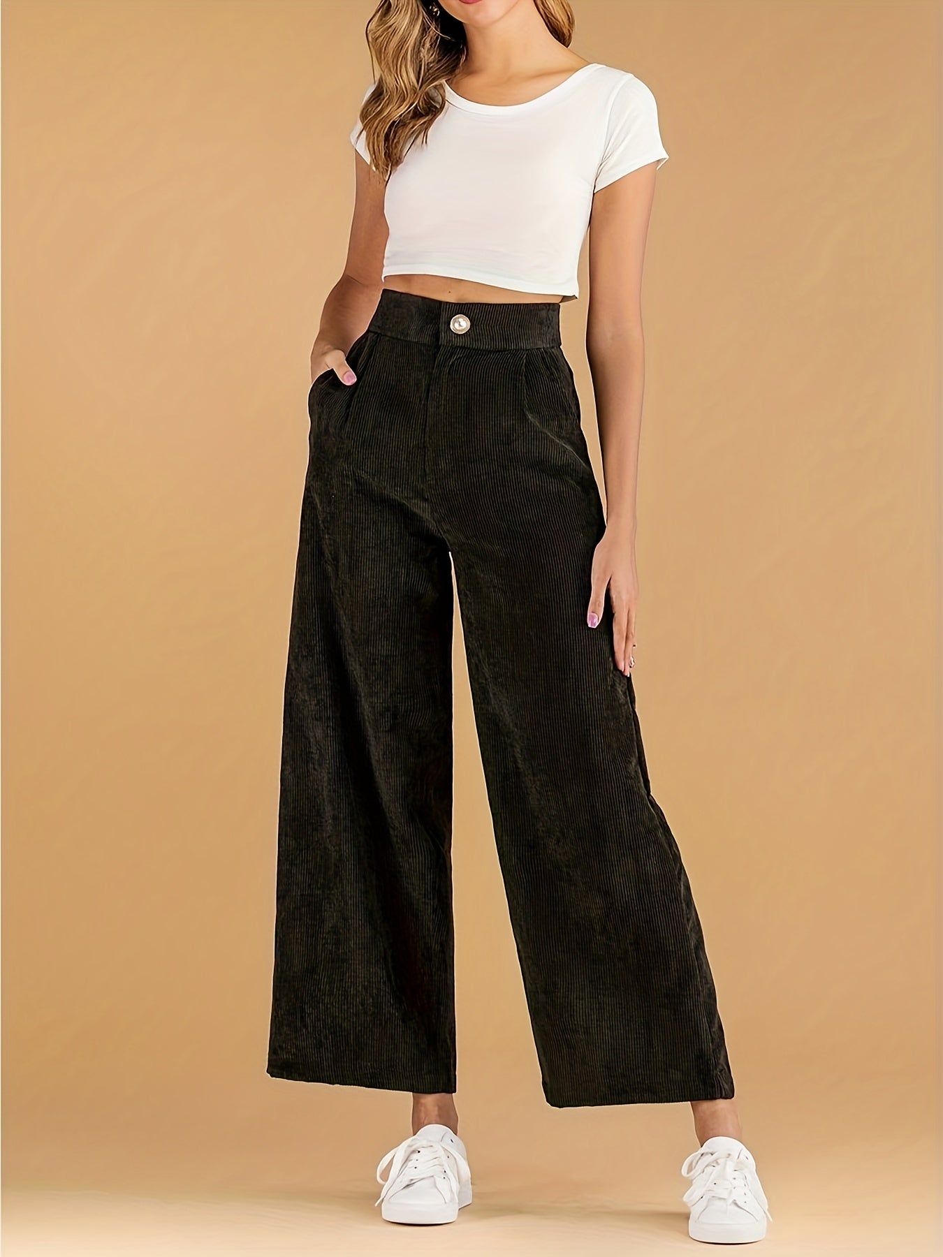 Solid Corduroy Wide Leg Pants, Casual High Waist Slant Pocket Pants, Women's Clothing