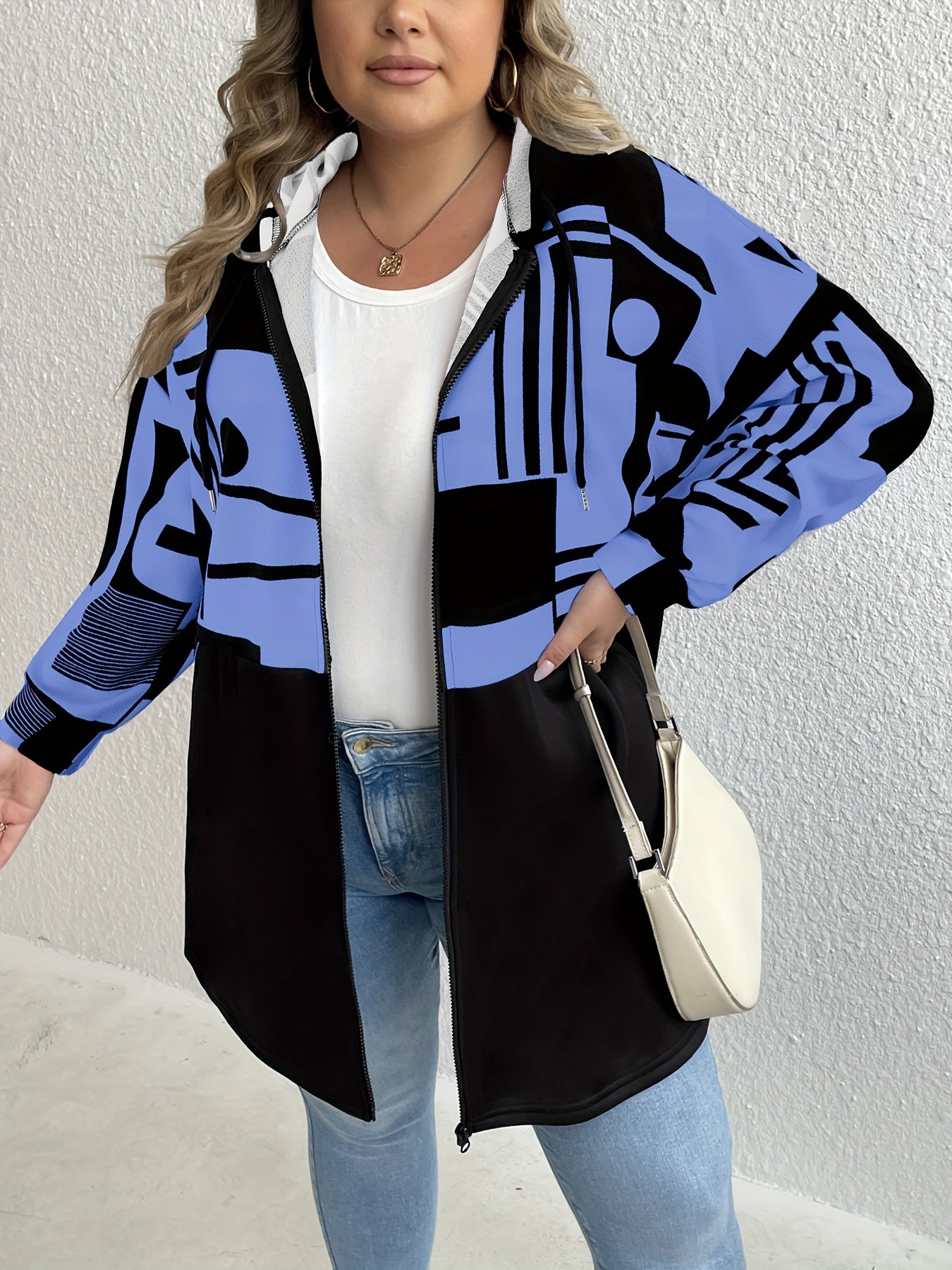 vlovelaw Plus Size Casual Coat, Women's Plus Colorblock Geometric Print Long Sleeve Hooded Zipper Coat
