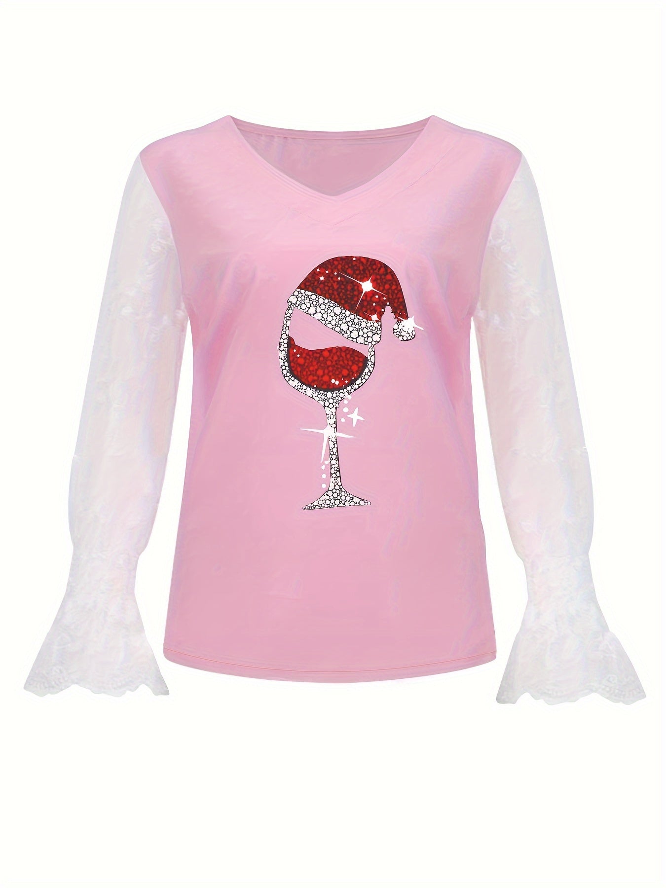Christmas Wine Glass Pattern T-Shirt, Casual V Neck Lace Stitching Long Sleeve Top For Spring & Fall, Women's Clothing
