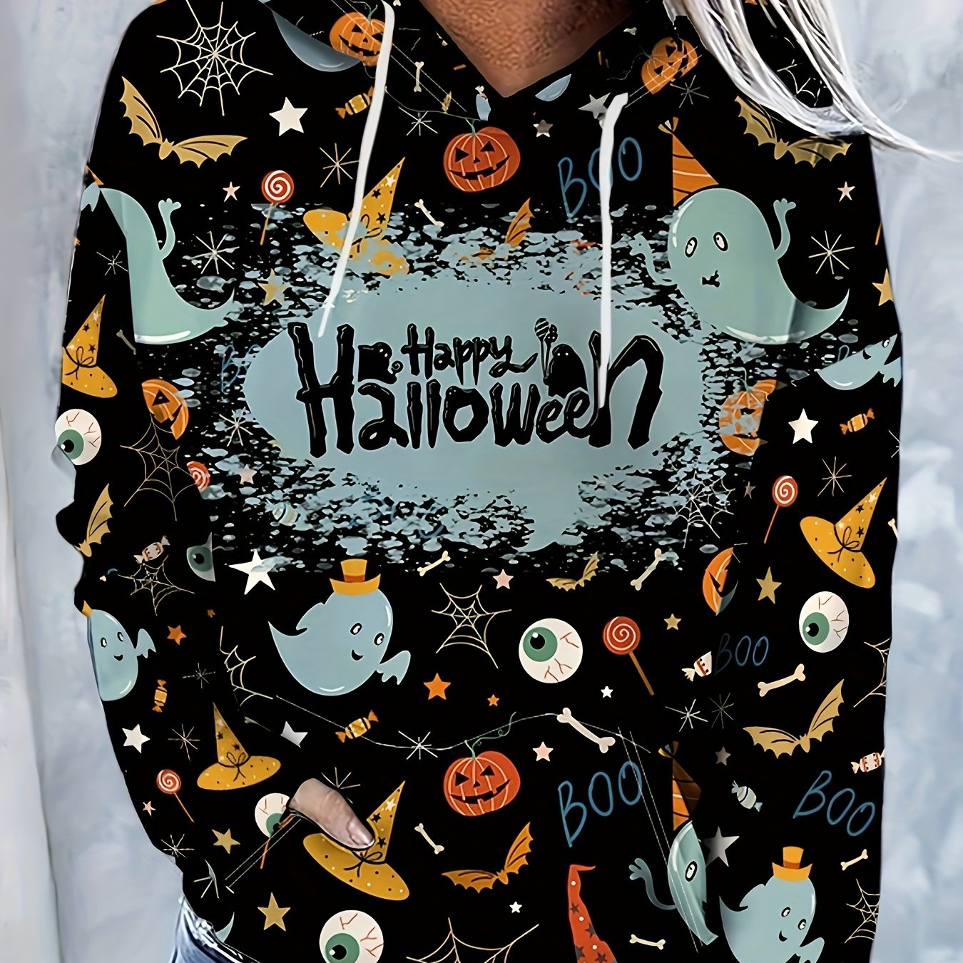 Halloween Ghost Graphic Sports Hooded Sweatshirts, Pumpkin Print Casual Drawstring Hoodies With Front Pocket, Women's Sporty Sweatshirts
