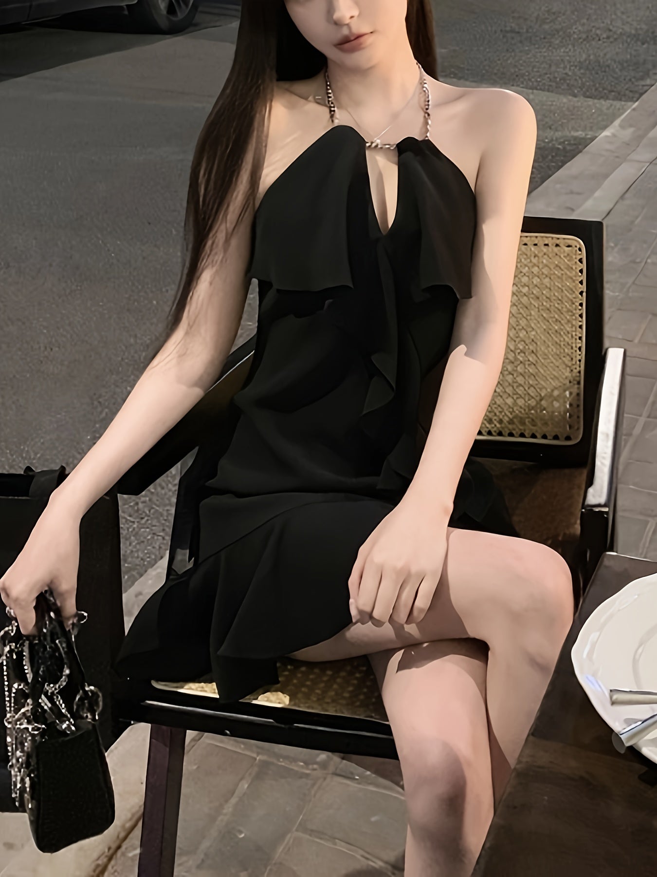 vlovelaw Ruffle Halter Ruffle Dress, Solid Sleeveless Backless Dress For Summer, Women's Clothing