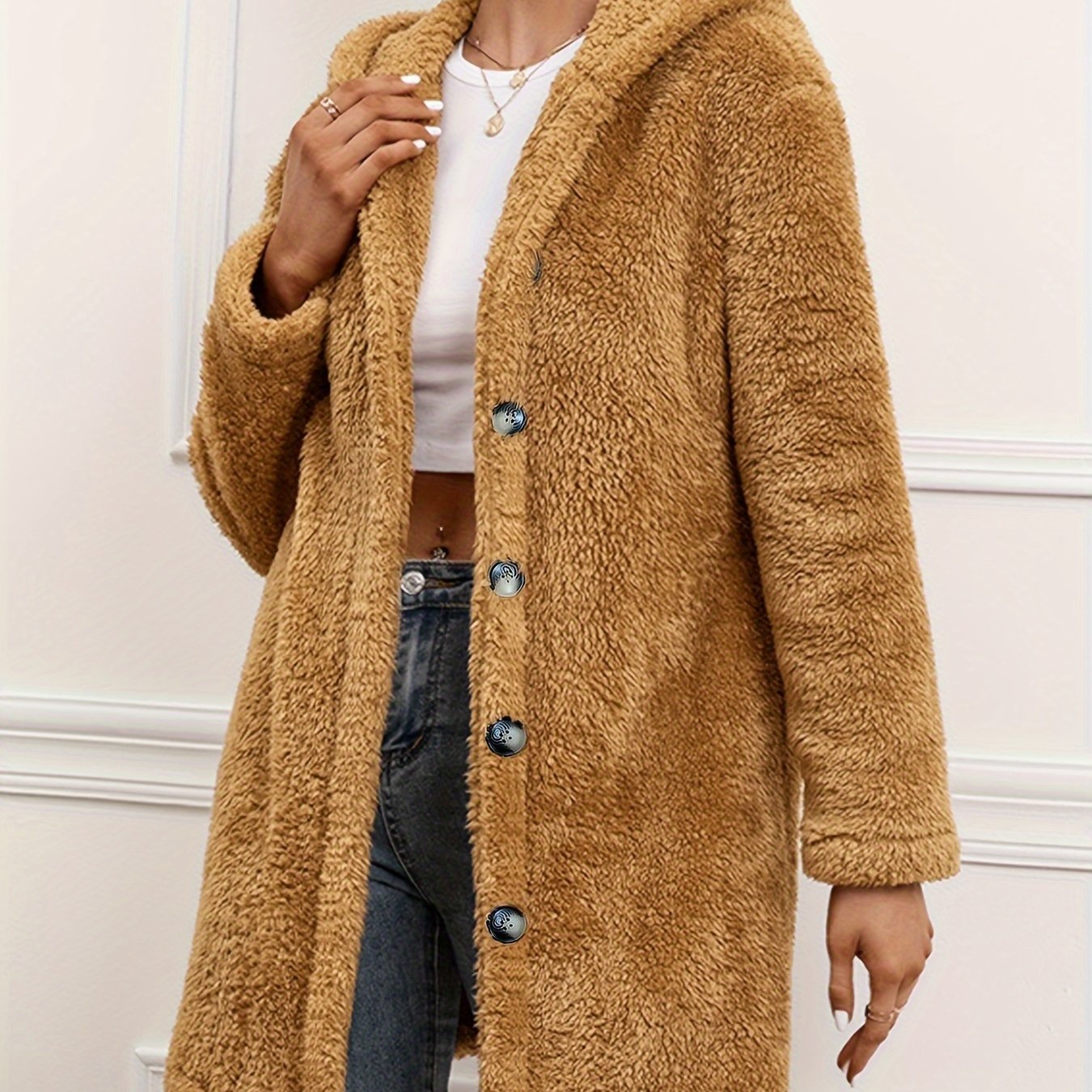 vlovelaw Fuzzy Button Front Hooded Coat, Casual Solid Long Sleeve Warm Outerwear, Women's Clothing