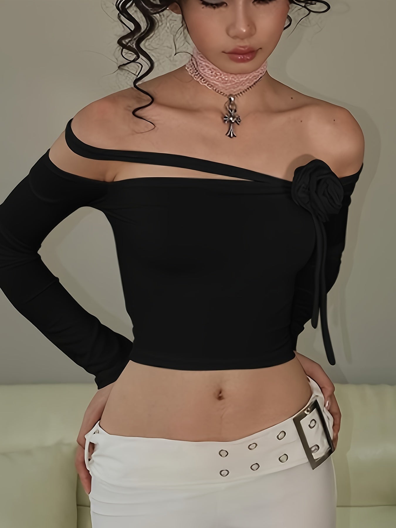 vlovelaw Solid Off Shoulder Stereo Flower T-shirt, Y2K Long Sleeve Asymmetric Sexy Top, Women's Clothing