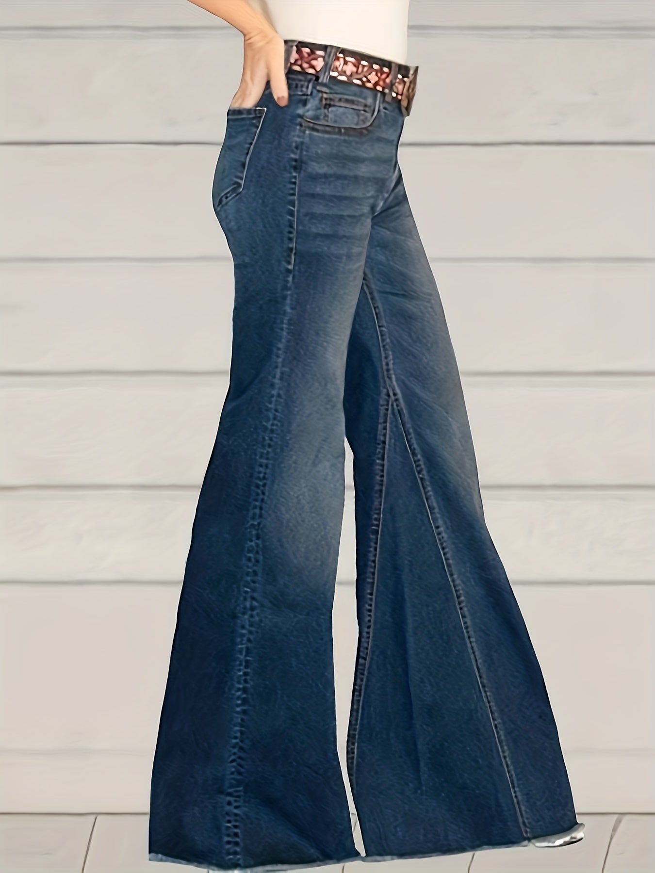 Plus Size Casual Jeans, Women's Plus Washed Button Fly High Stretch High Rise Flared Leg Jeans