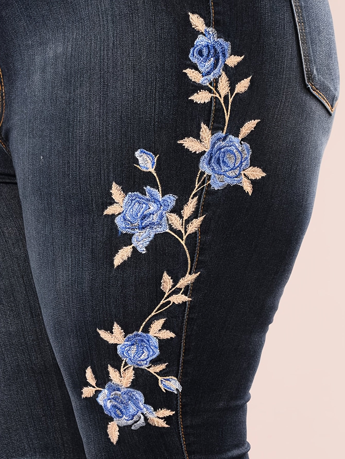 vlovelaw Blue Floral Embroidery Skinny Jeans, Zipper Button Closure Medium Strech Elegant Denim Pants, Women's Denim Jeans & Clothing