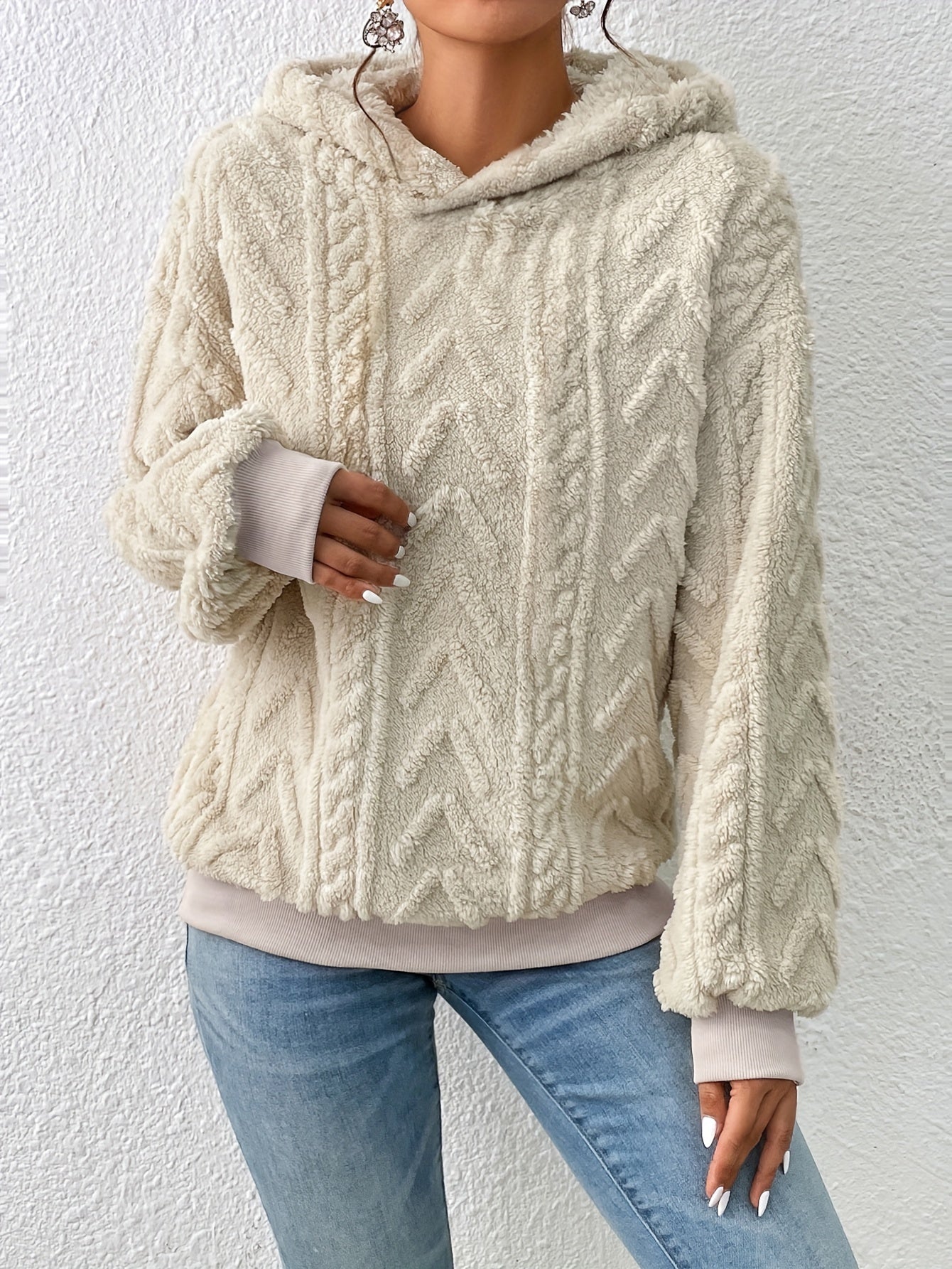 vlovelaw Textured Hoodie Plush Sweatshirt, Casual Long Sleeve Hoodies Sweatshirt, Women's Clothing