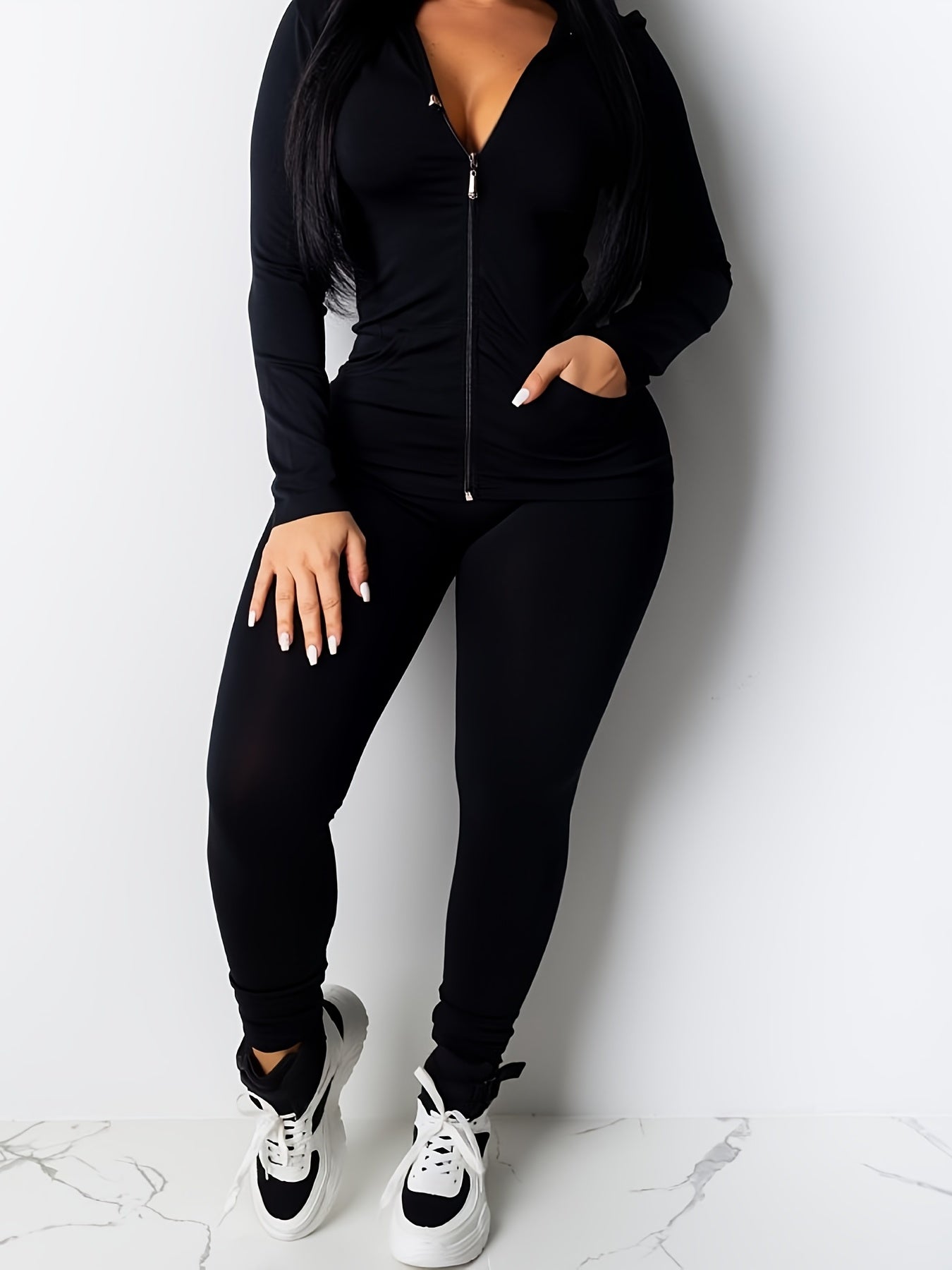 vlovelaw Solid Workout 2 Pieces Set, Drawstring Zip Up Hoodies With Pockets & Elastic Waist Jogger Pants Outfits, Women's Clothing