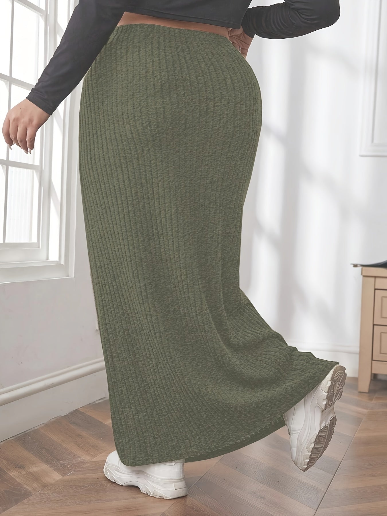 vlovelaw Plus Size Solid Ribbed Slim Skirt, Casual Every Day Elastic Waist Ankle Skirt, Women's Plus Size Clothing