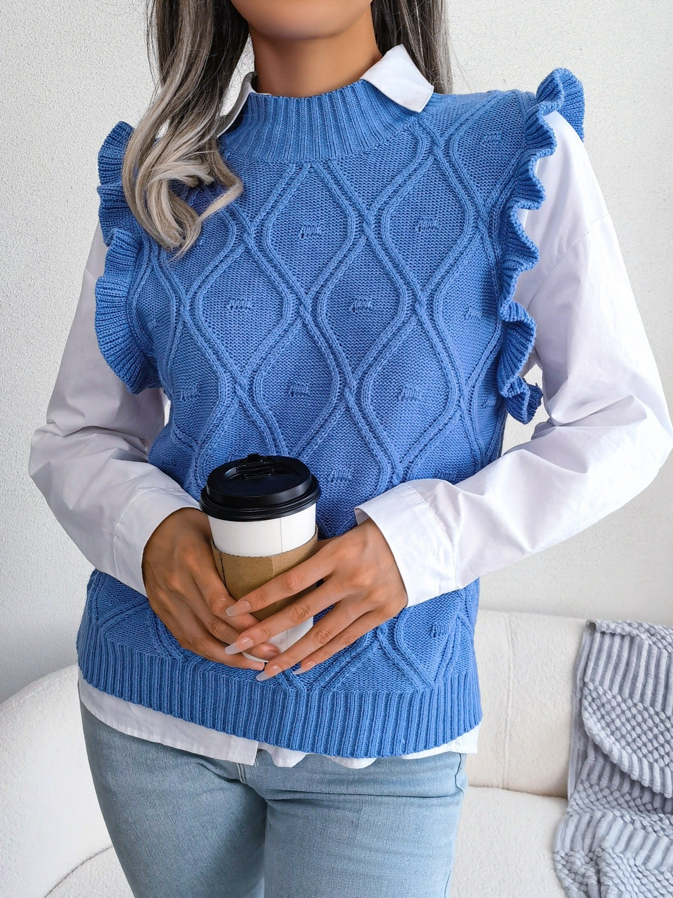 vlovelaw Women's Sweater Ruffle Hem Texture Sweater Vest