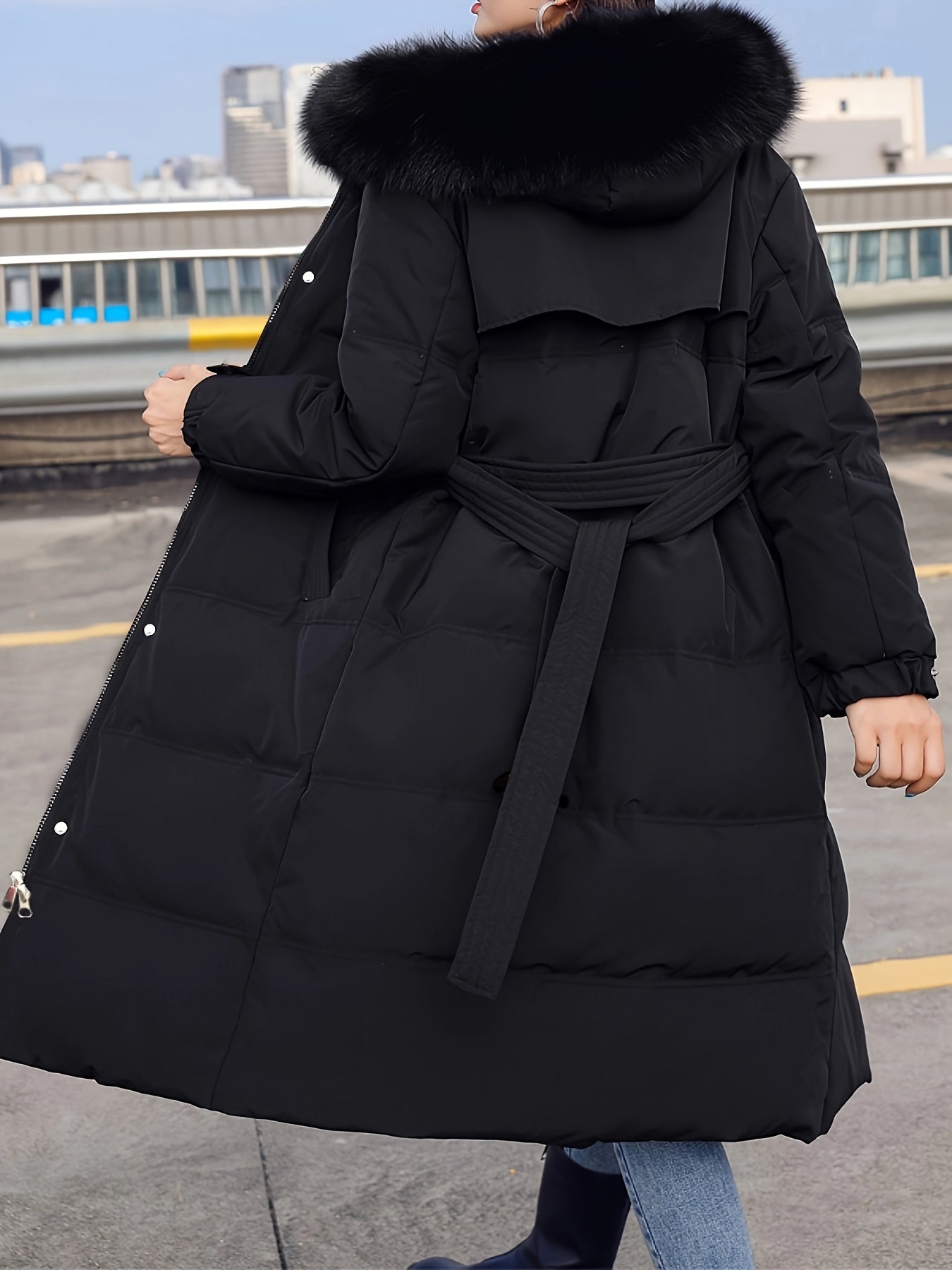 Fluffy Trim Long Length Coat, Casual Solid Long Sleeve Winter Warm Outerwear, Women's Clothing