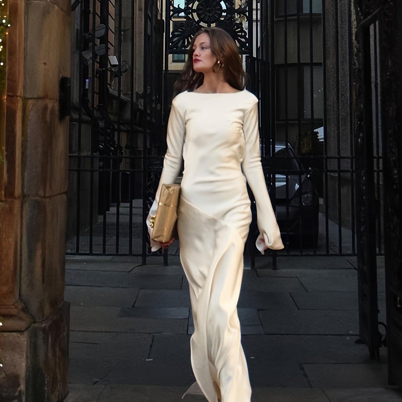 vlovelaw Satin Boat Neck Dress, Elegant Long Sleeve Draped For Spring & Fall, Women's Clothing
