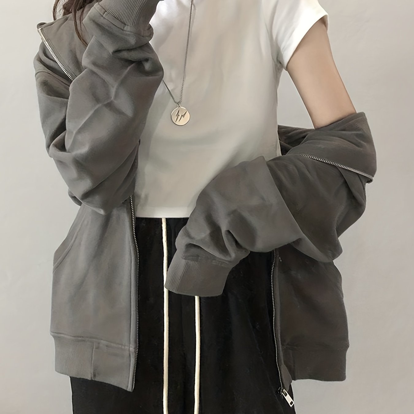 Solid Oversized Zip Up Sweatshirt, Drop Shoulder Drawstring Long Sleeve Pullover Hoodie, Women's Clothing