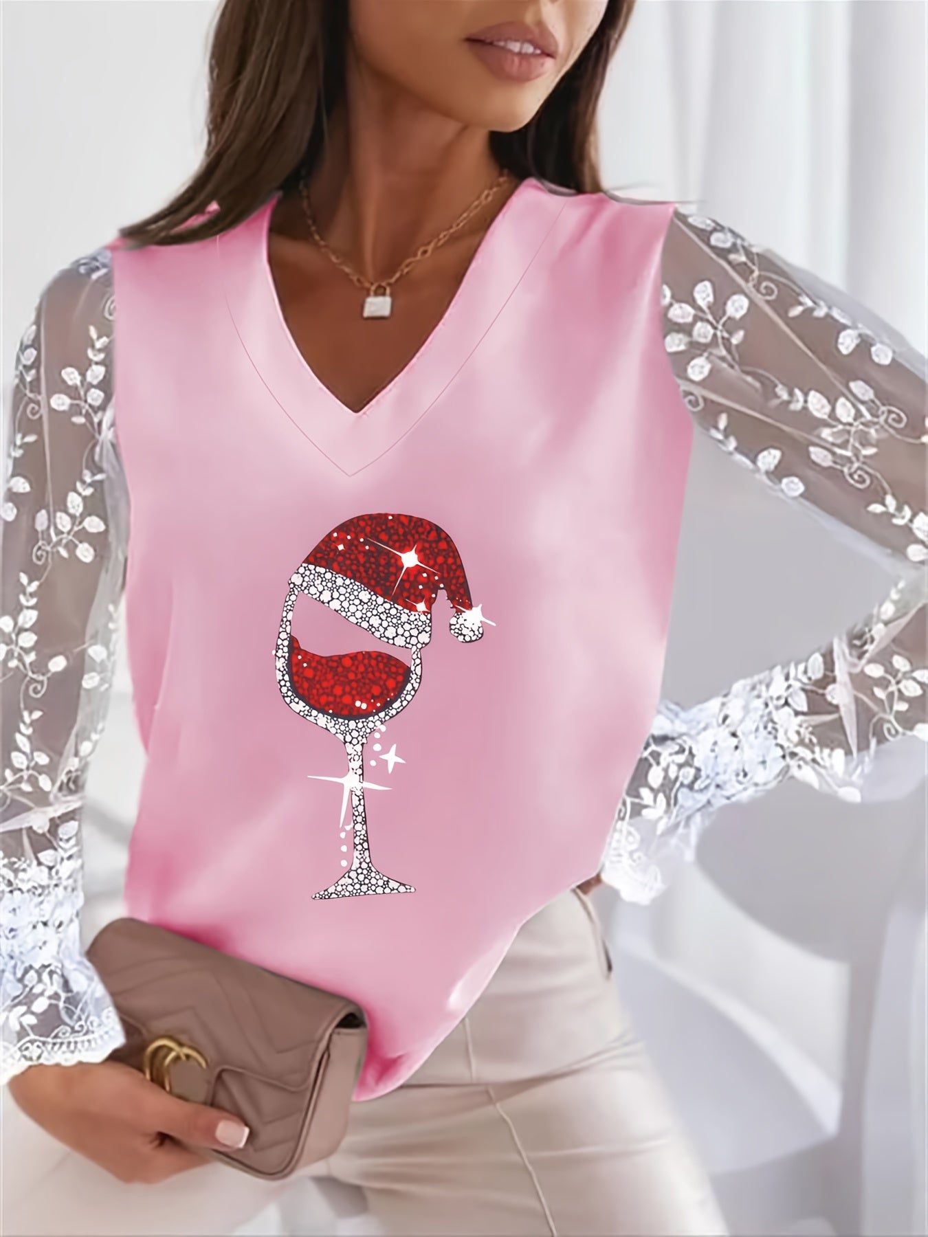 Christmas Wine Glass Pattern T-Shirt, Casual V Neck Lace Stitching Long Sleeve Top For Spring & Fall, Women's Clothing