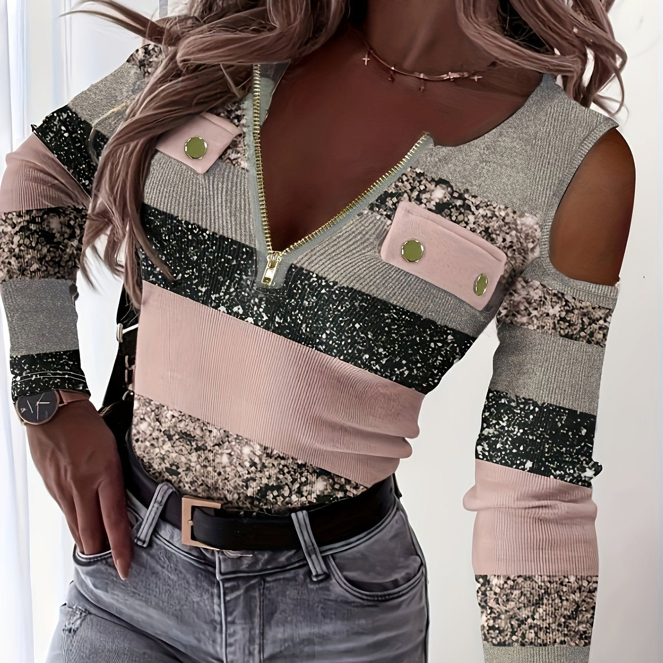 vlovelaw Zipper Color Block T-shirt, Casual Cold Shoulder Long Sleeve T-shirt, Women's Clothing