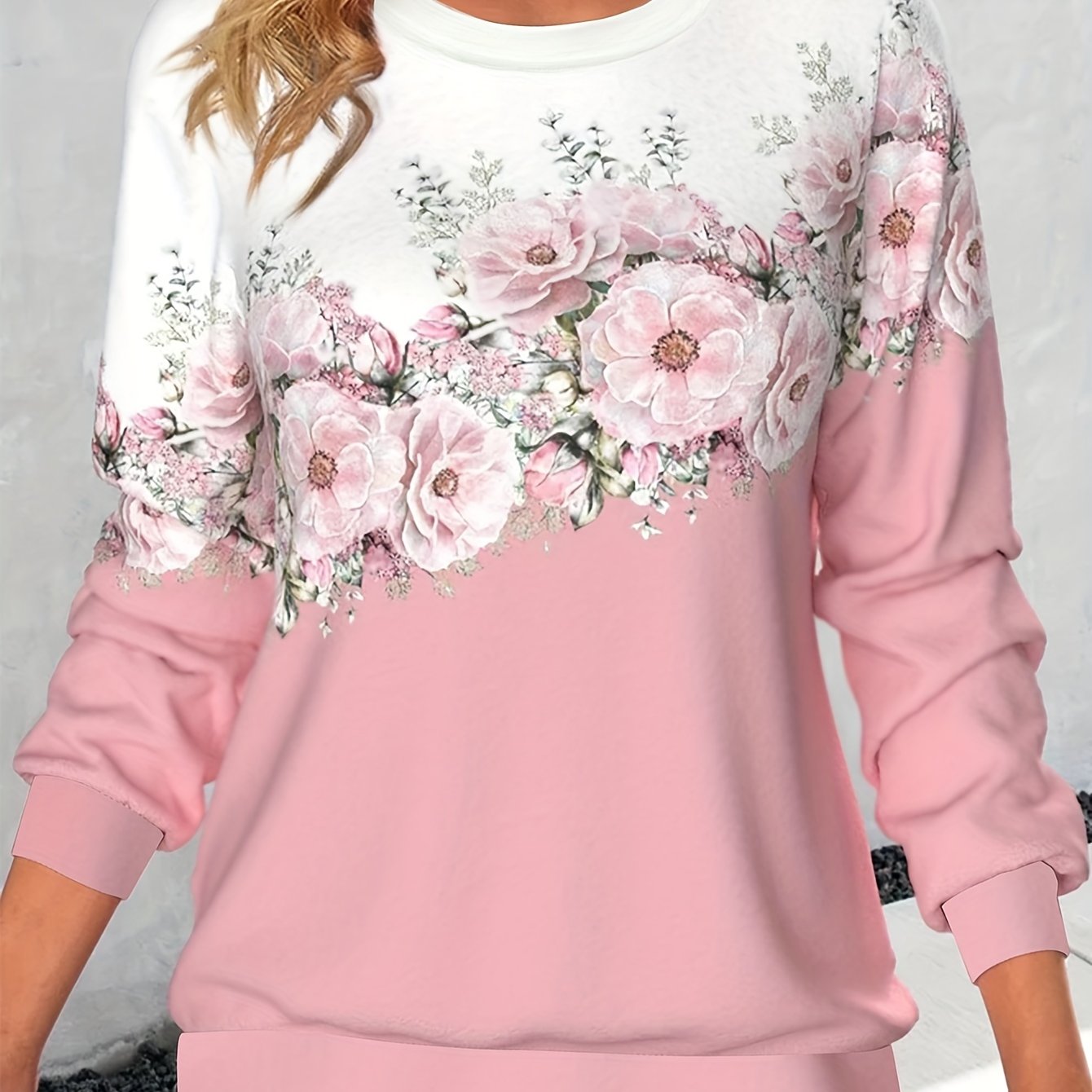 vlovelaw Crew Neck Flowers Print Sweatshirt, Casual Sports Running Long Sleeve Tops, Women's Clothing