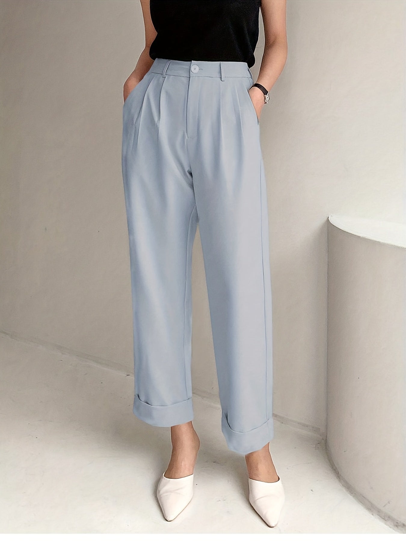 Solid Button Straight Leg Pants, Casual High Waist Draped Pleated Pants, Women's Clothing