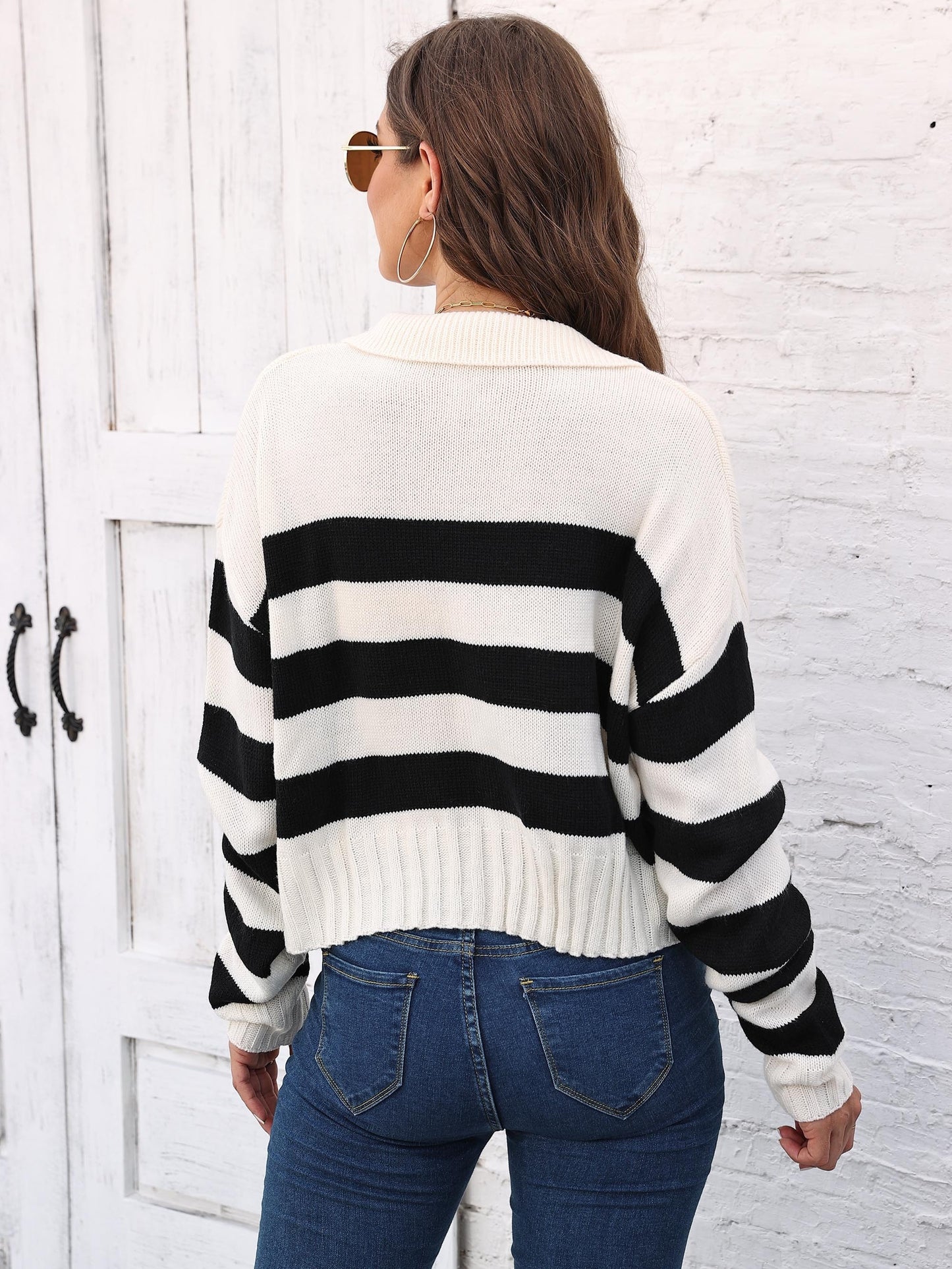 vlovelaw Striped V Neck Pullover Sweater, Casual Long Sleeve Drop Shoulder Sweater, Women's Clothing