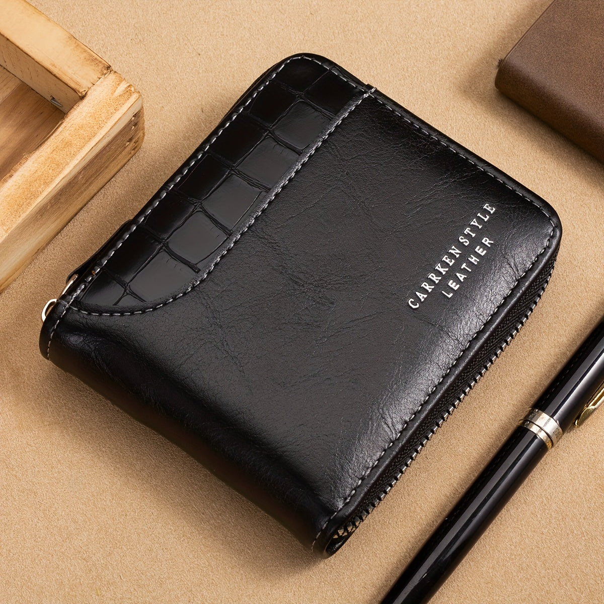 CarrKen Vintage-Inspired Solid Wallet: Secure Zip-Around Coin Holder, Textured Credit Card Organizer