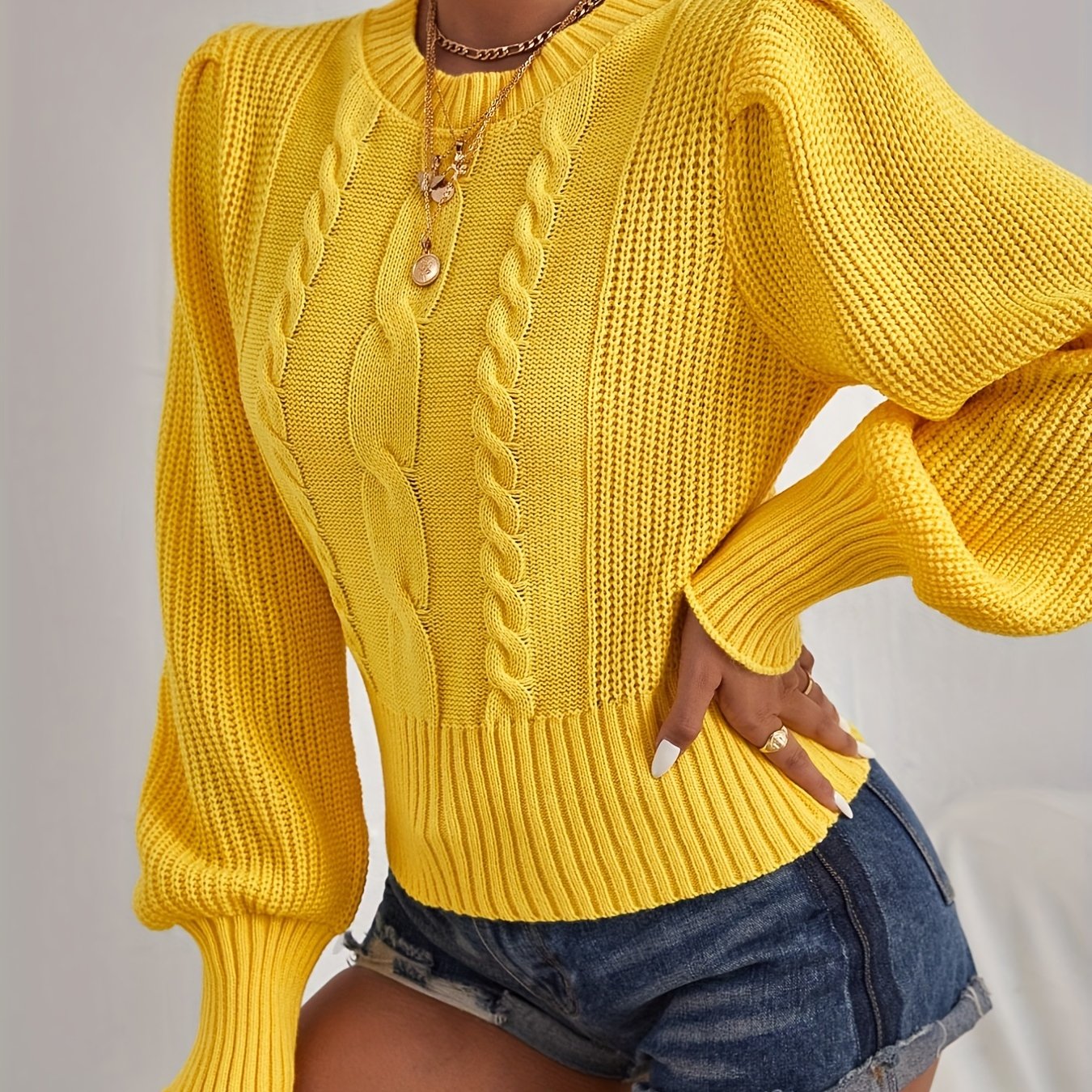 vlovelaw Twist Patten Crew Neck Pullover Sweater, Casual Lantern Sleeve Sweater For Fall & Winter, Women's Clothing