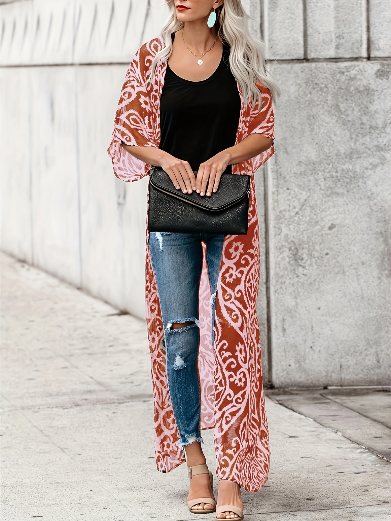 vlovelaw Graphic Print Open Front Kimono, Boho Cover Up Kimono For Spring & Summer, Women's Clothing